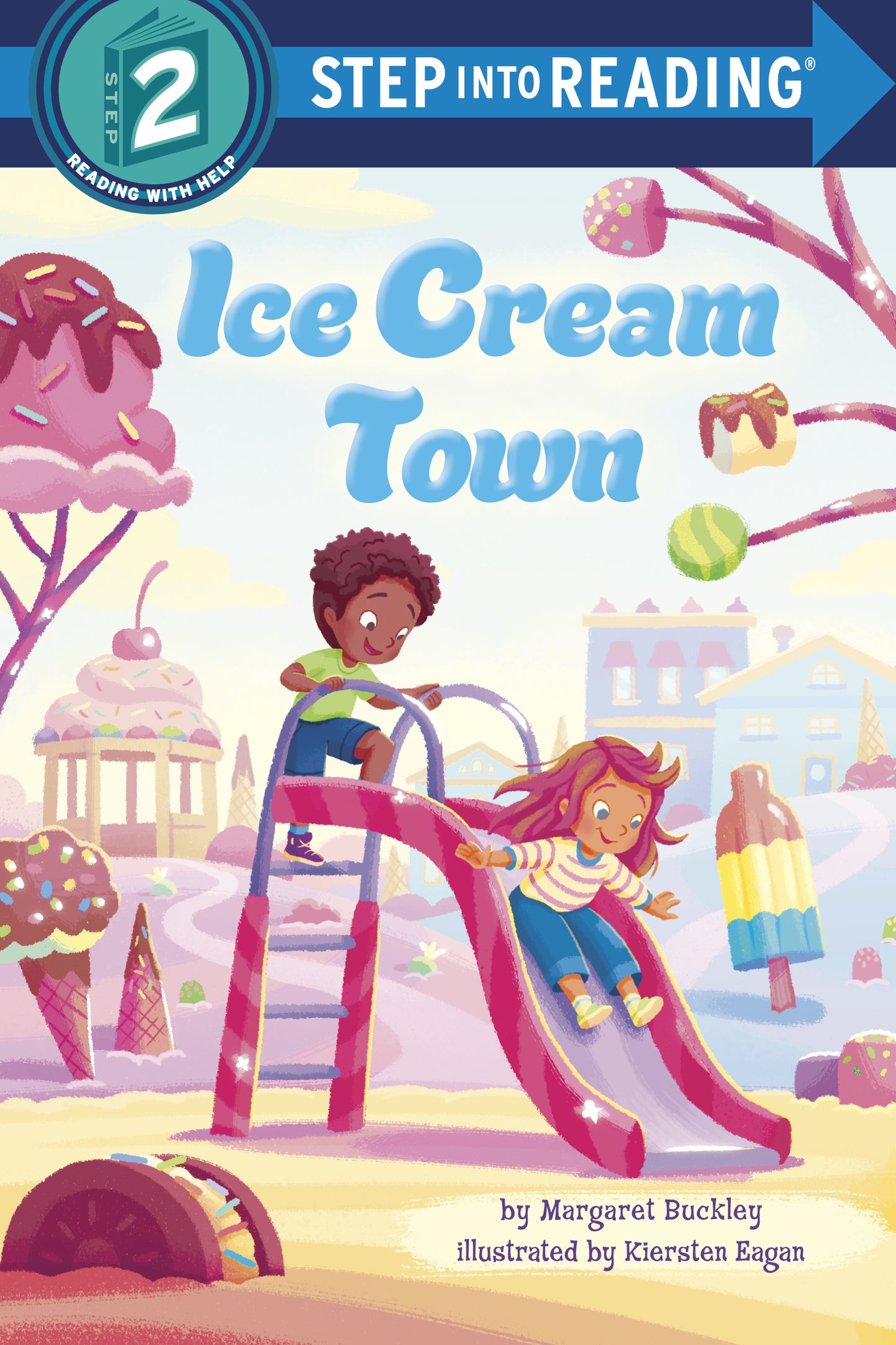 Children sliding in a whimsical ice cream-themed town with colorful treats.