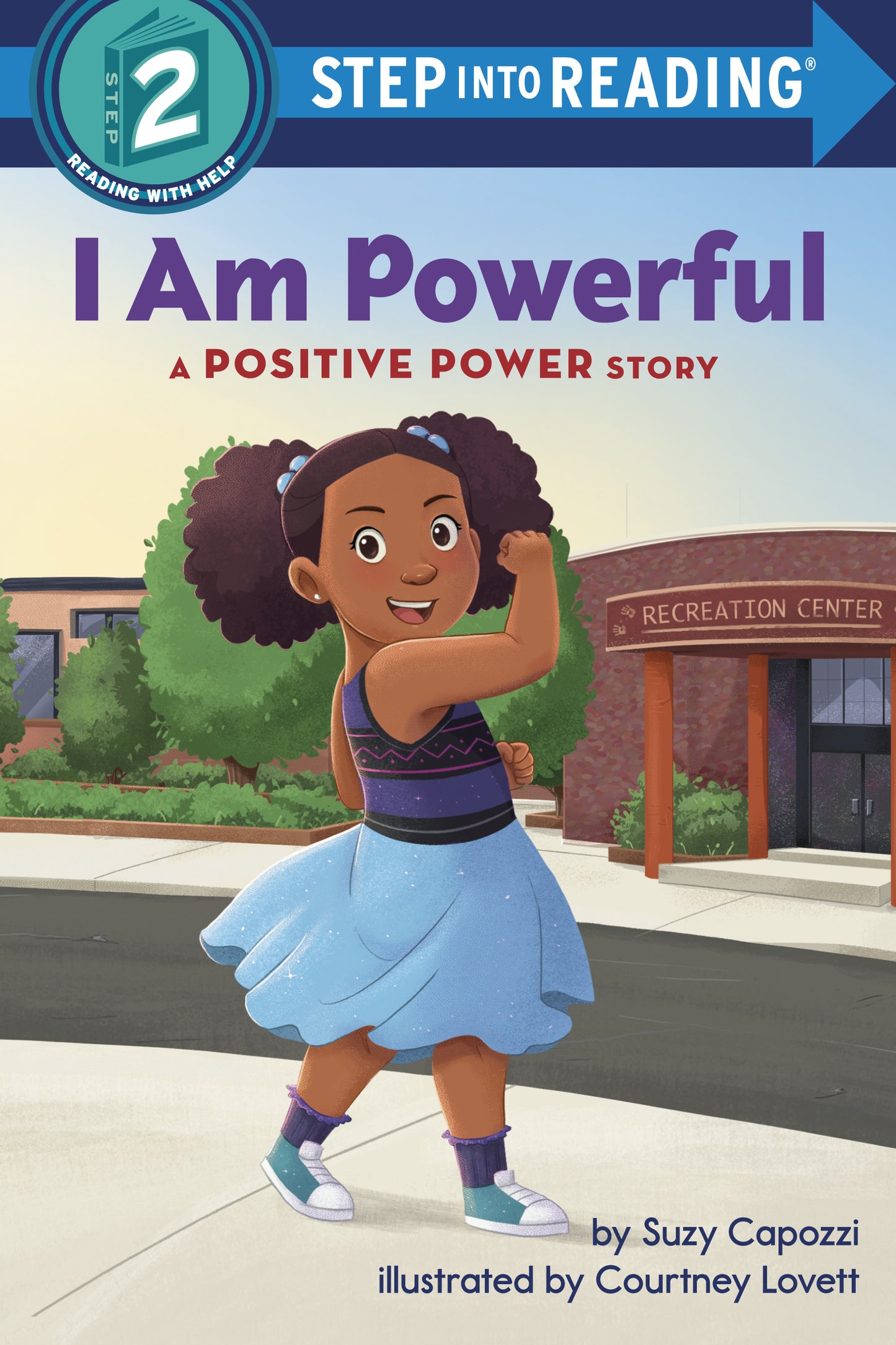 Illustrated children's book cover featuring a confident girl in a blue dress flexing her arm