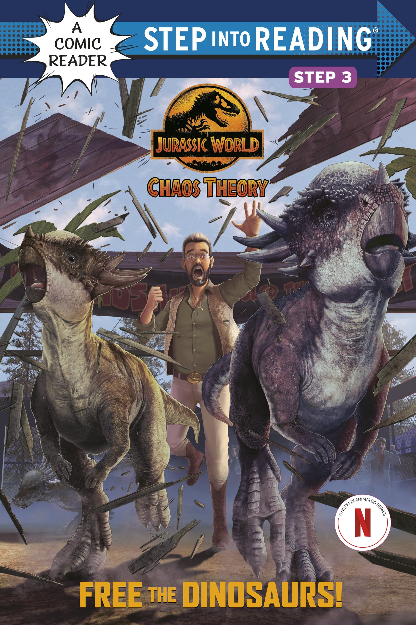 Jurassic World Chaos Theory comic reader with dinosaurs breaking free