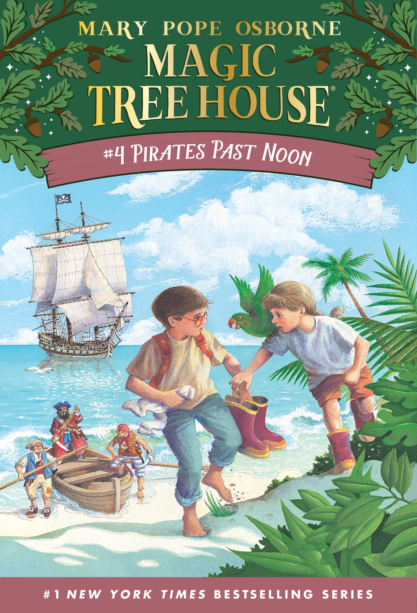 Children on a beach with a pirate ship and a parrot, book cover art