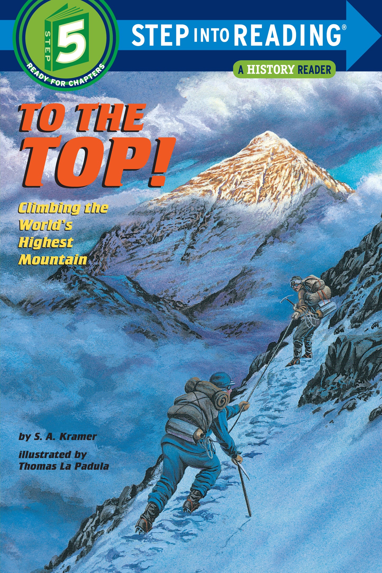 Illustrated children's book cover showing climbers ascending Mount Everest
