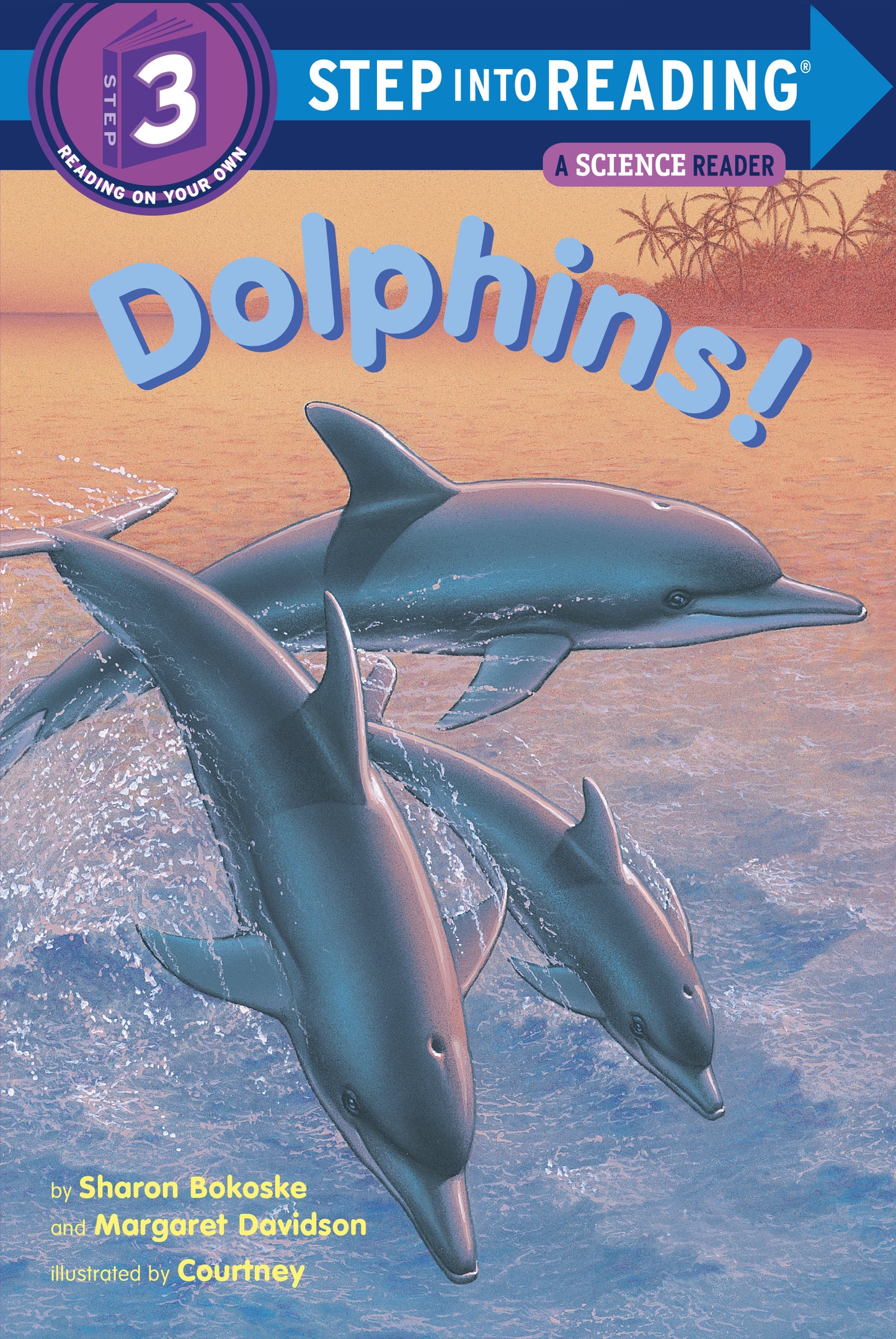 Illustrated children's book cover showing three dolphins jumping in the ocean at sunset