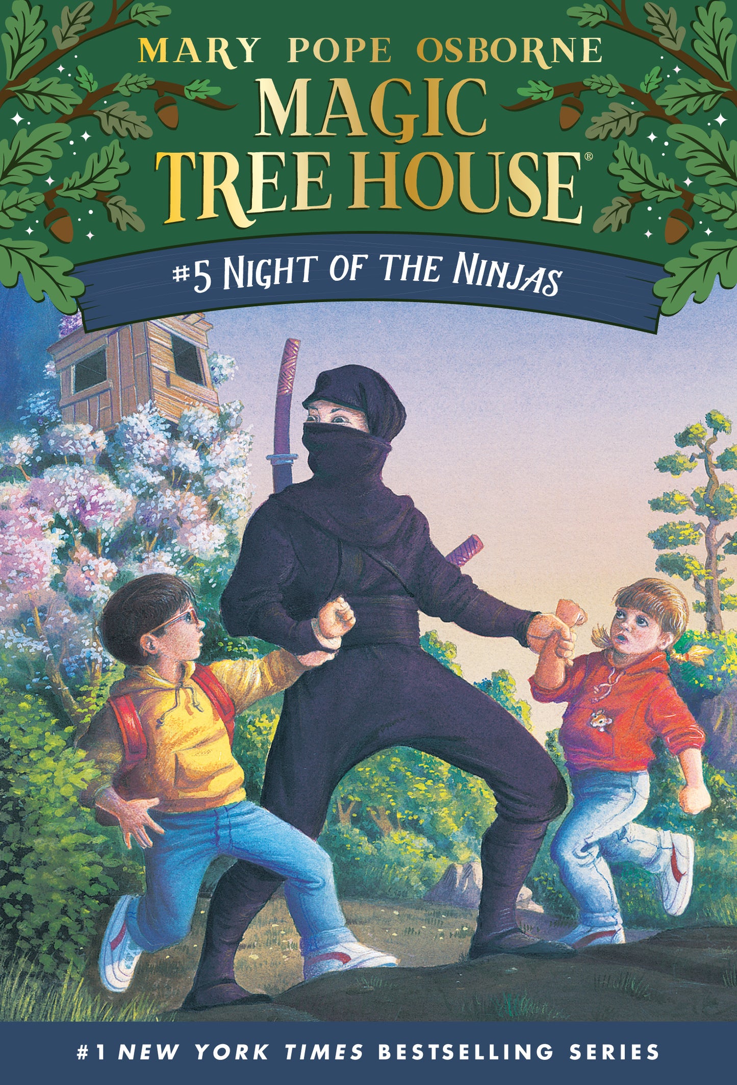 Children's book cover featuring a ninja and two kids in front of a tree house