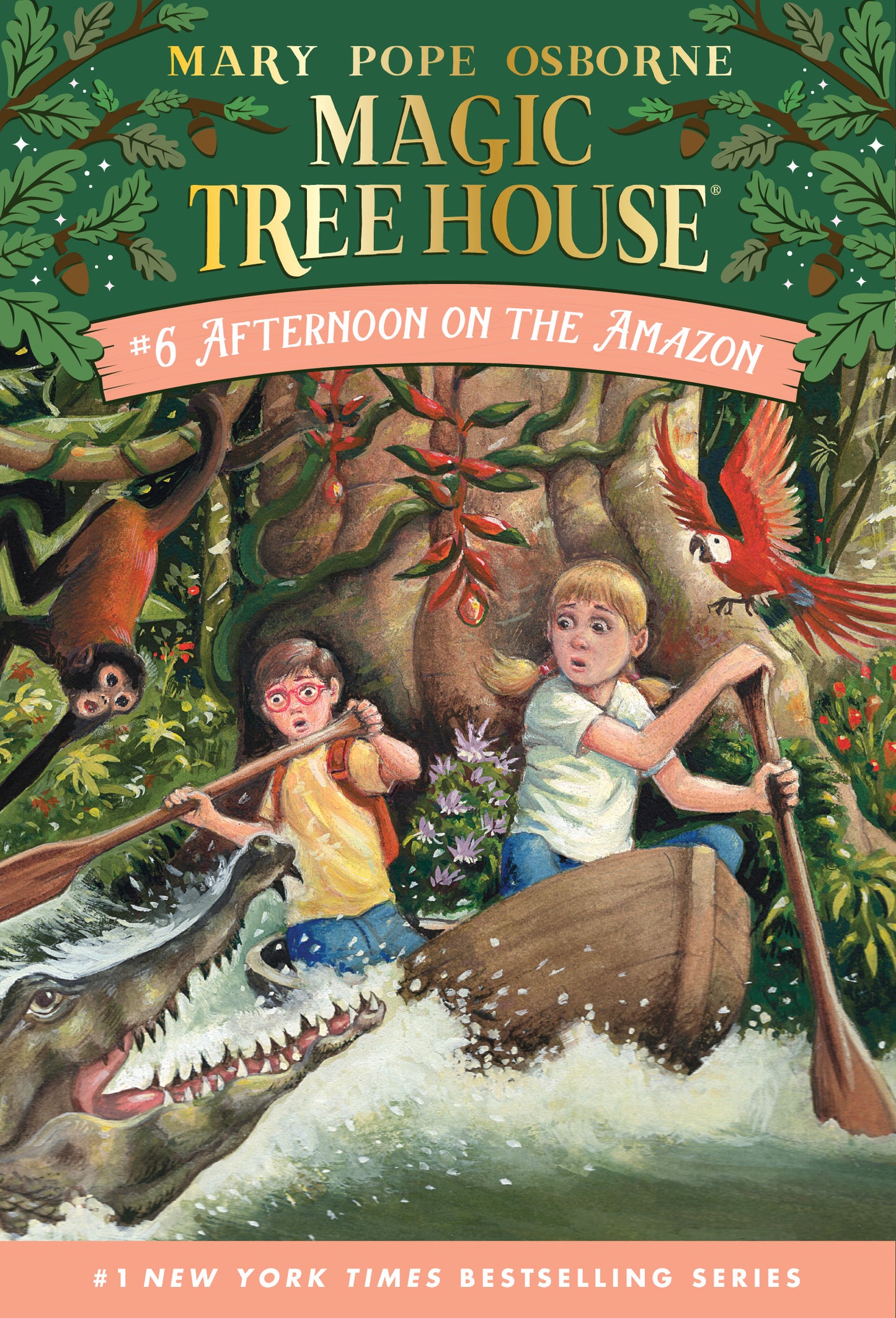 Cover of Magic Tree House book showing kids paddling through the Amazon jungle