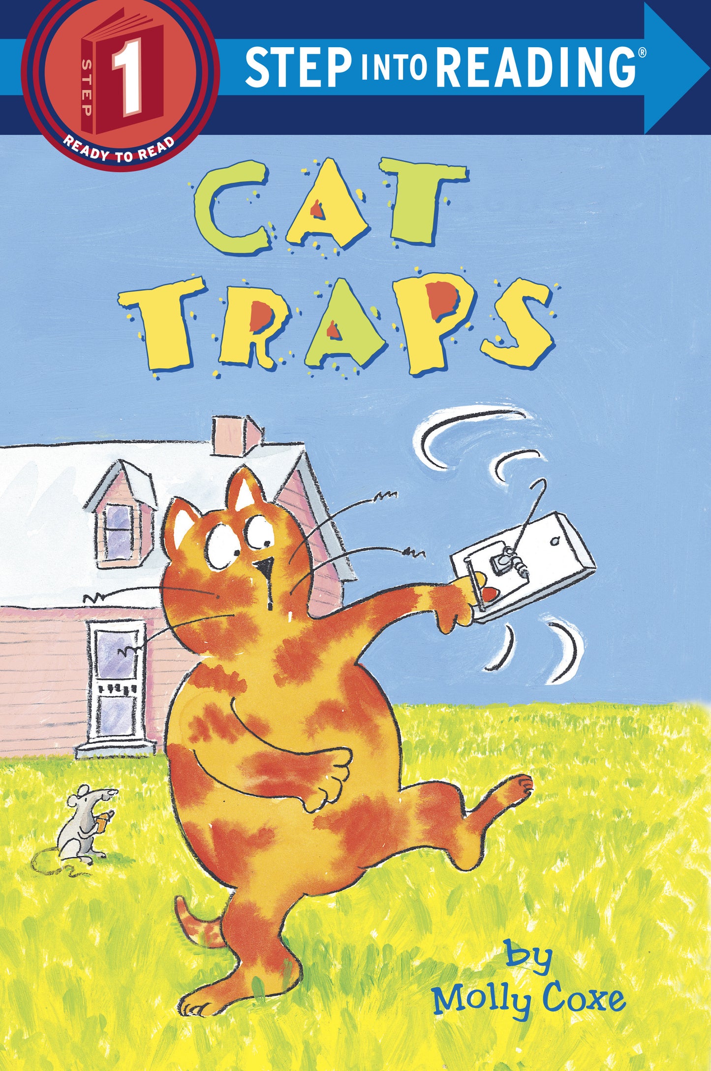 Illustrated children's book cover featuring a mischievous orange cat holding a mouse trap