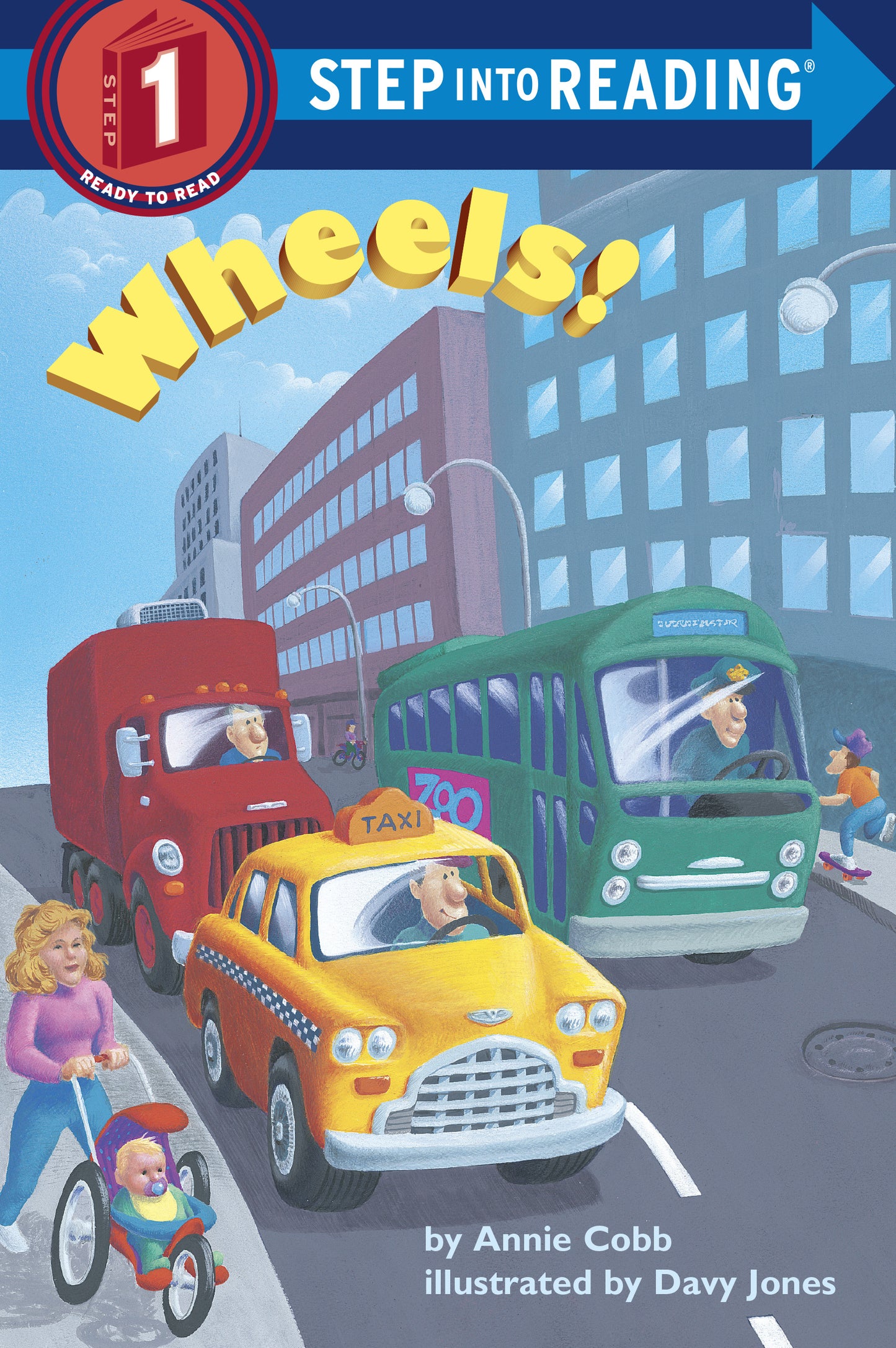 Colorful illustrated children's book cover showing vehicles and people on a city street