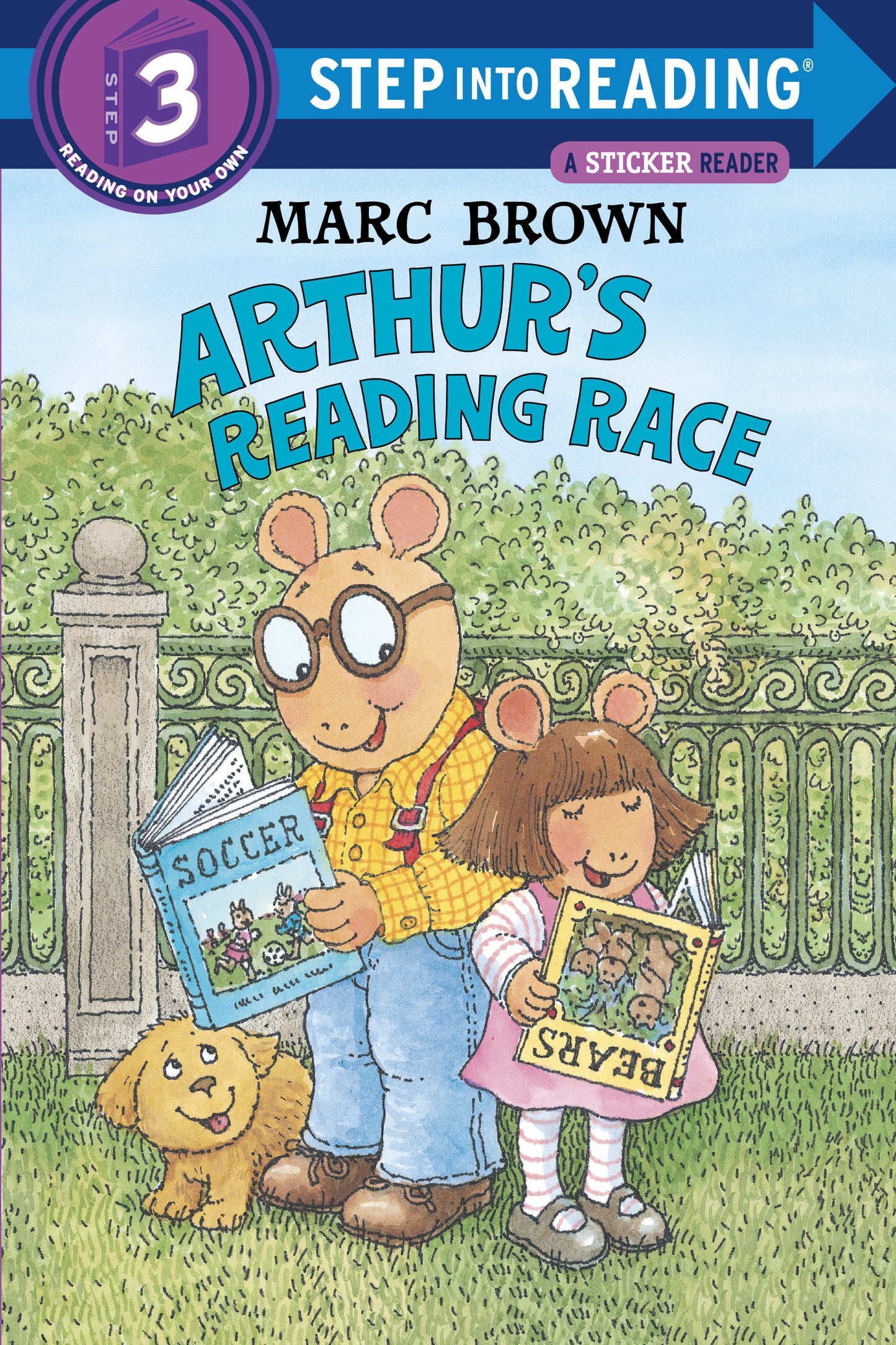 Arthur and D.W. reading outdoors with books and a dog