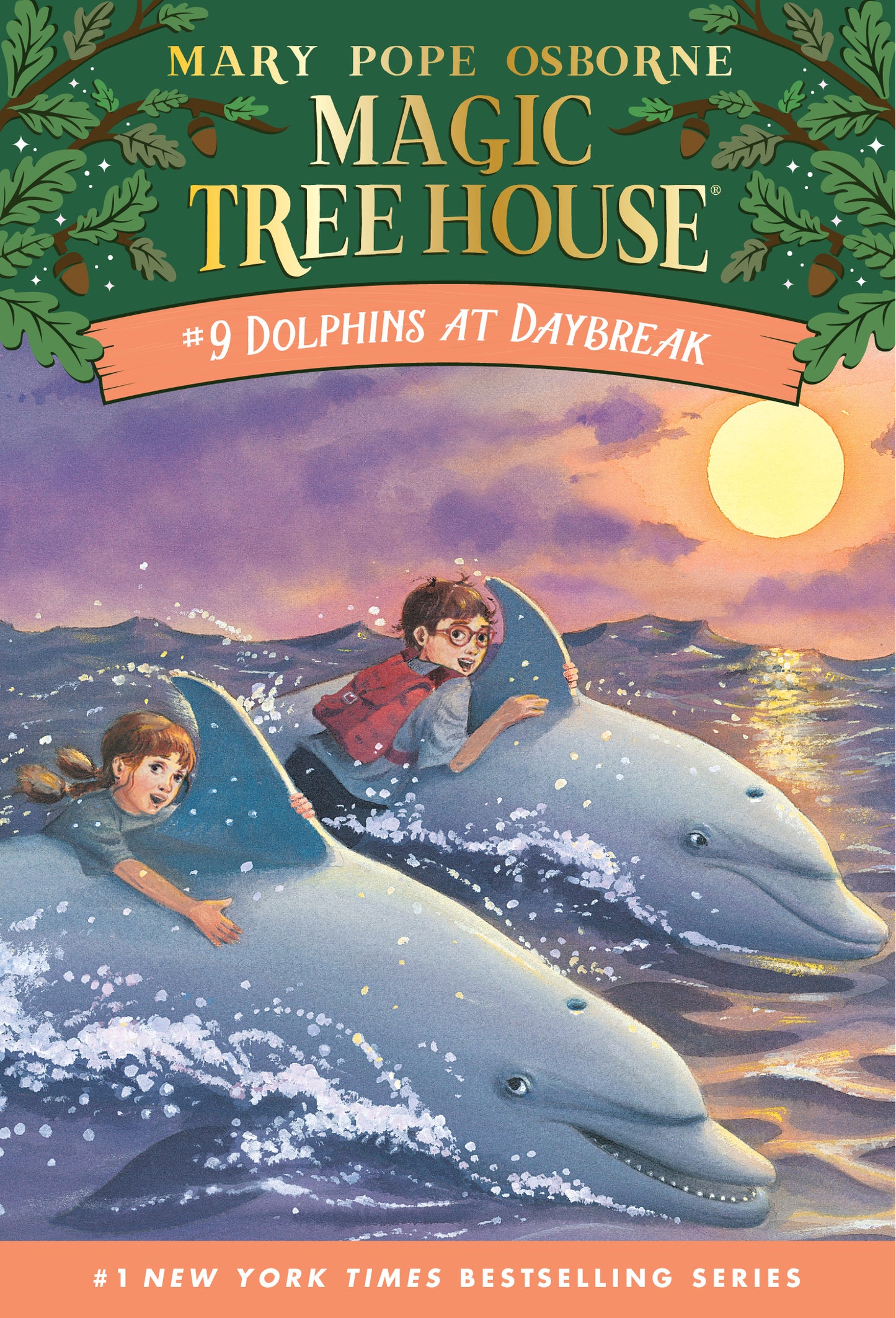Illustrated book cover of two children riding dolphins at sunrise