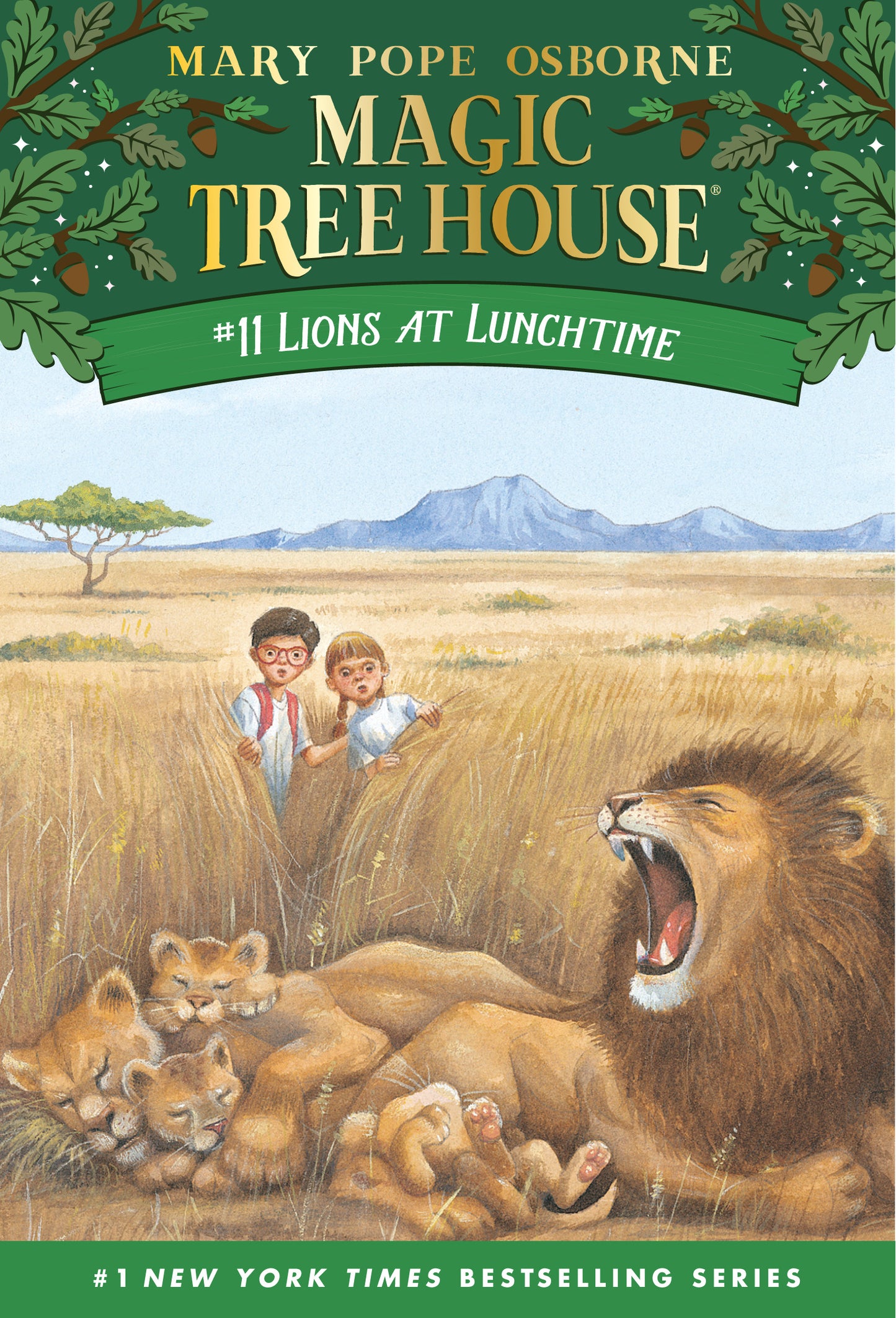 Illustrated cover of Magic Tree House #11 showing two kids near a lion family in the savanna