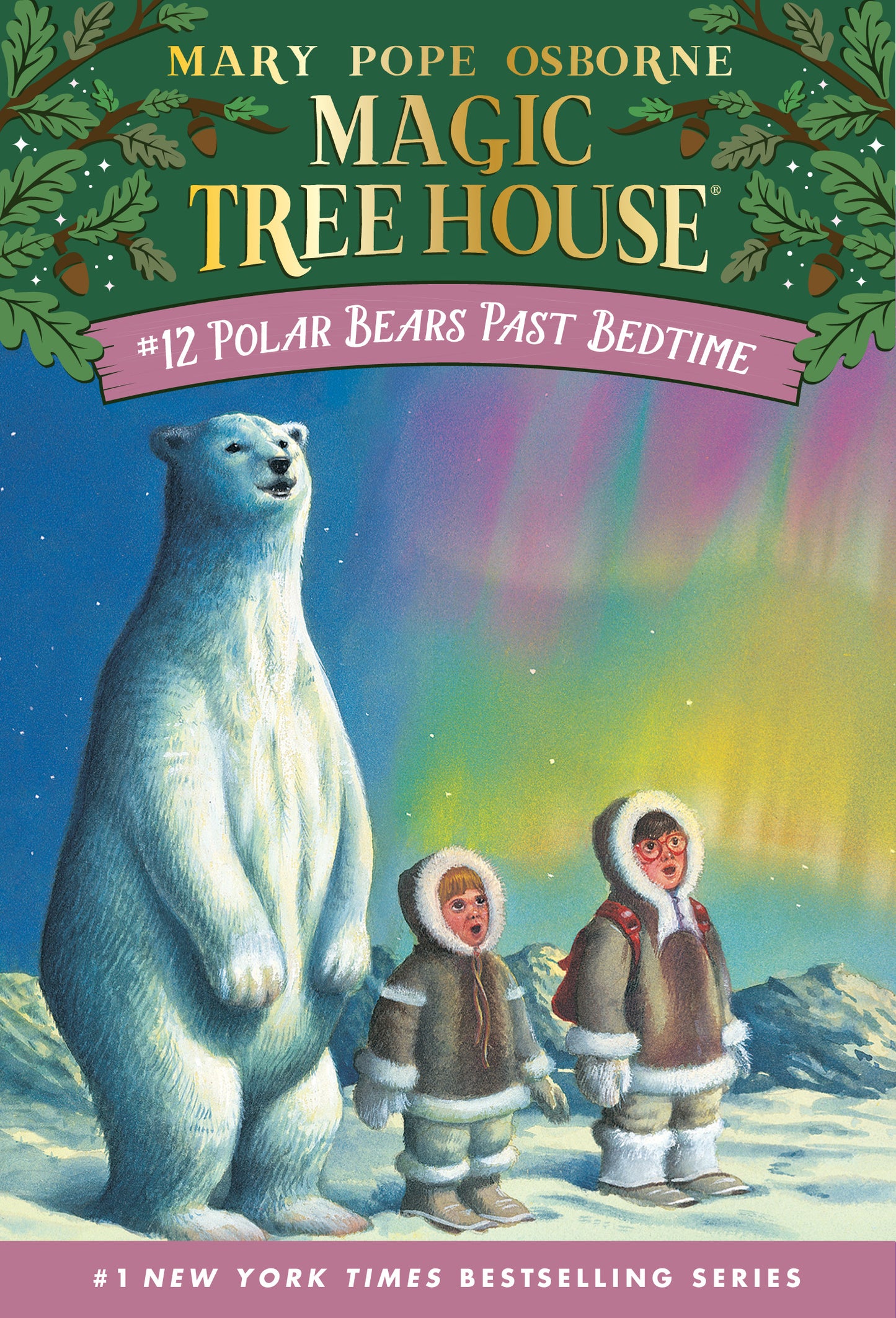 Magic Tree House book cover with polar bear and children in Arctic clothing under northern lights.
