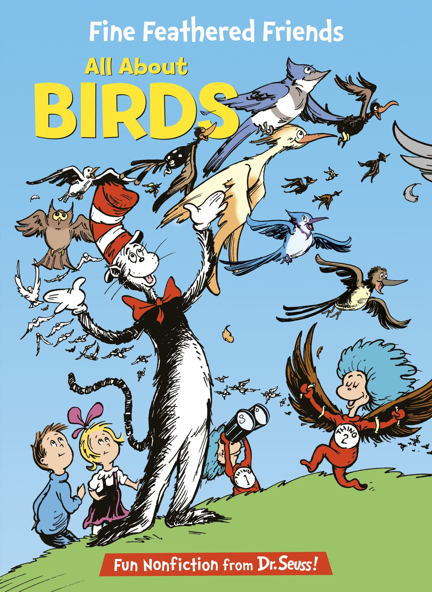 Dr. Seuss book cover with Cat in the Hat surrounded by colorful birds
