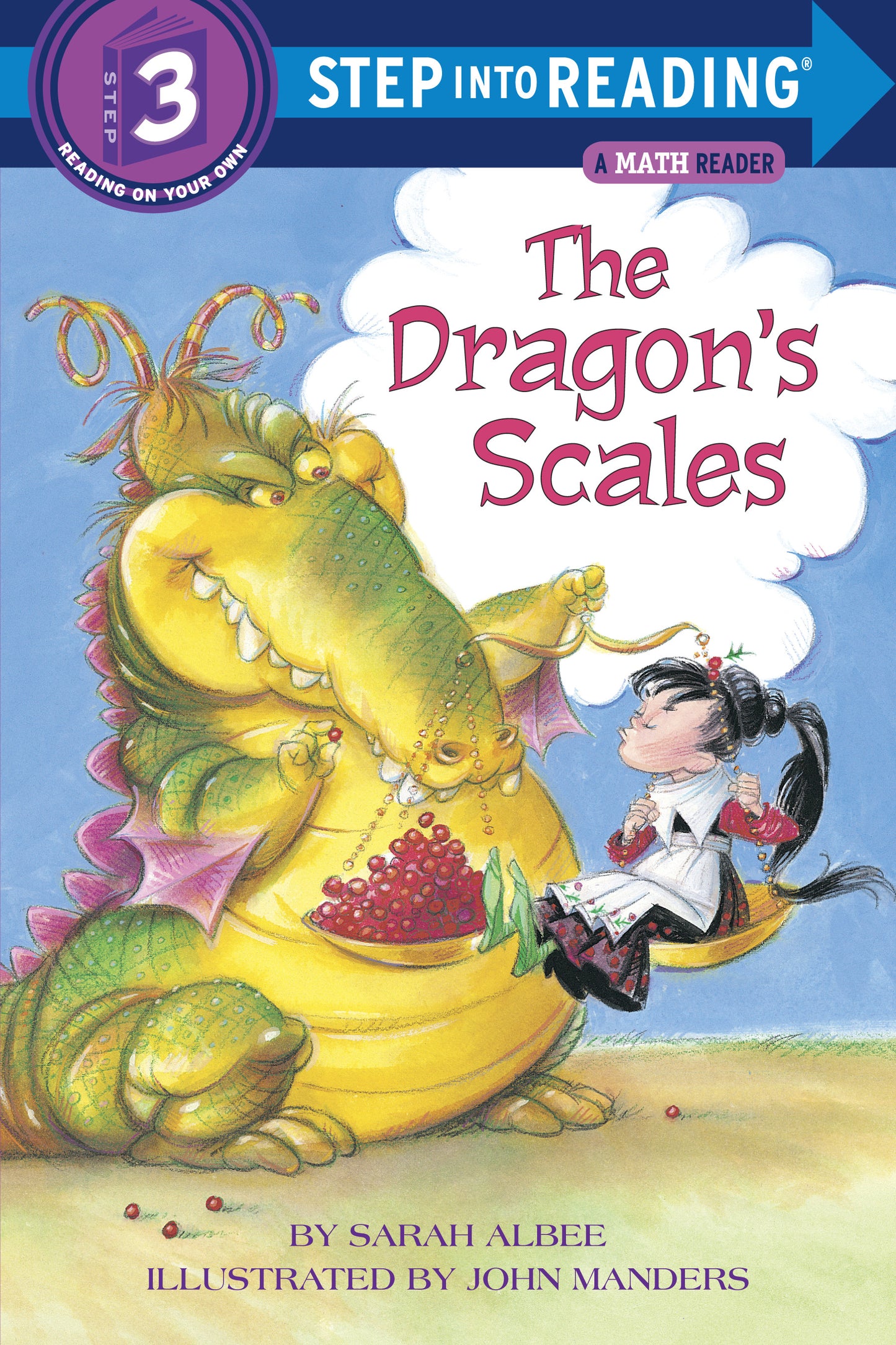 Illustrated children's book cover showing a dragon weighing a girl with strawberries in a scale.