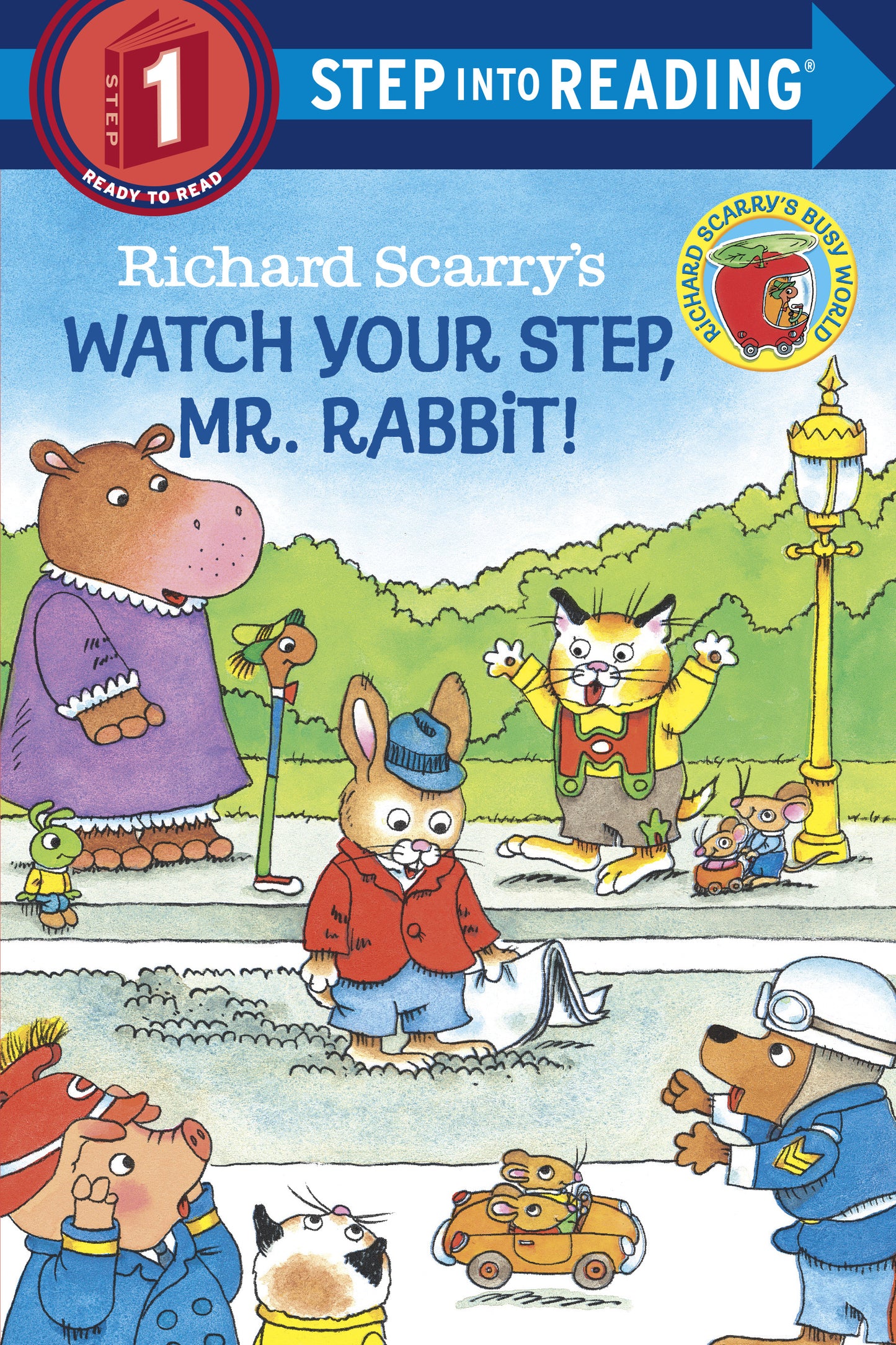 Illustrated children's book cover with Mr. Rabbit stuck in cement surrounded by animal friends.