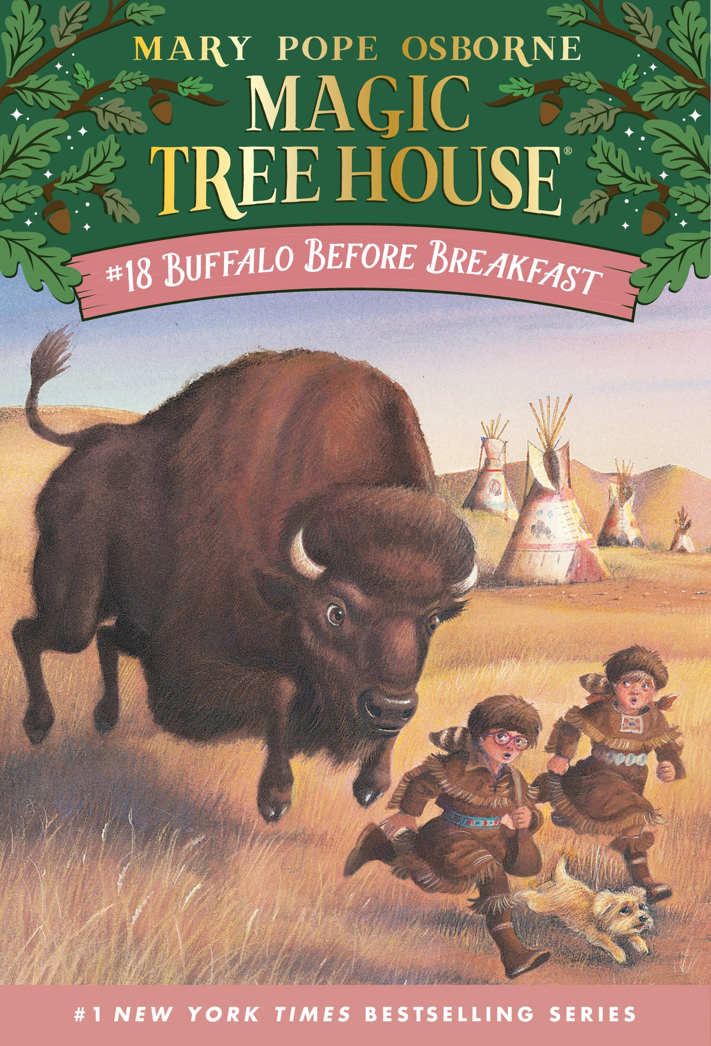 Illustrated children's book cover showing two kids, a buffalo, and a dog on the Great Plains