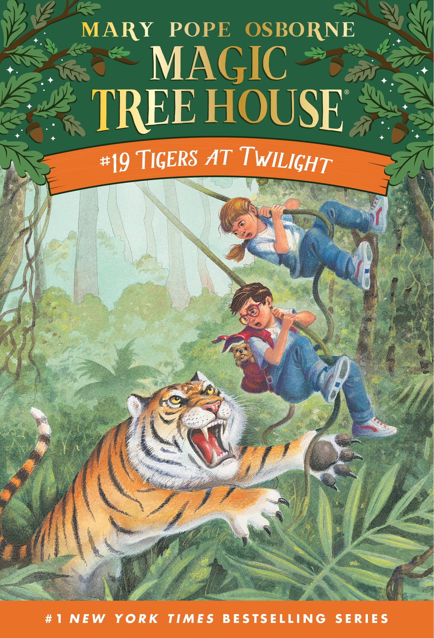 Cover of Magic Tree House #19 featuring kids swinging on vines above a tiger in a jungle setting.