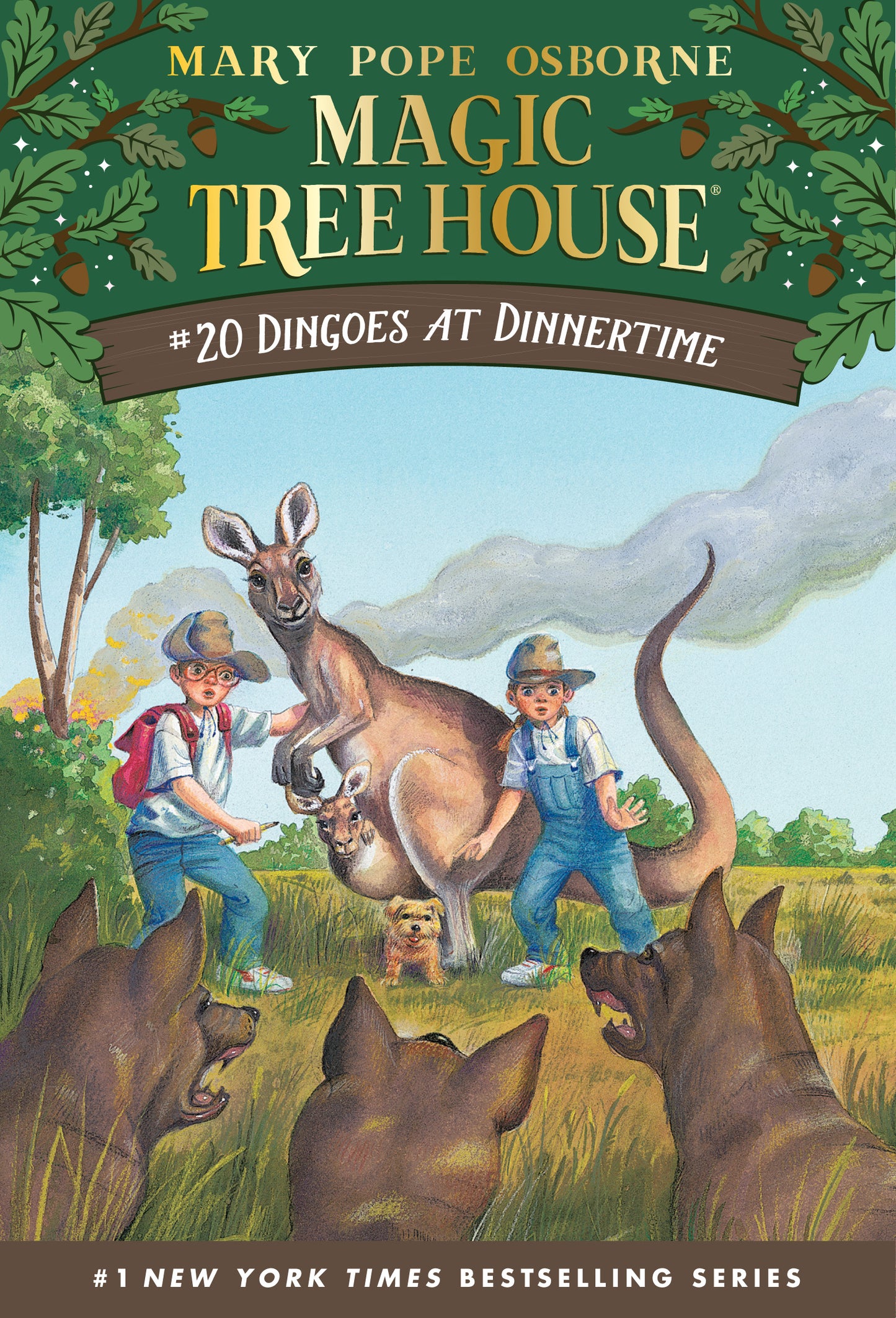 Magic Tree House book cover with kids, kangaroos, and dingoes in a grassy field