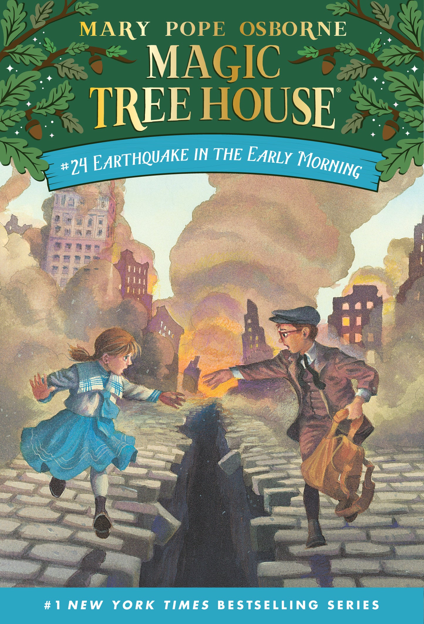 Illustrated book cover with children escaping an earthquake in a cityscape setting