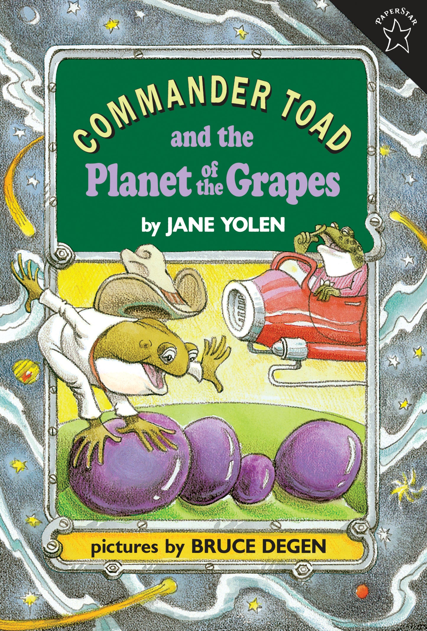 Illustrated book cover featuring a frog astronaut on giant grapes in space