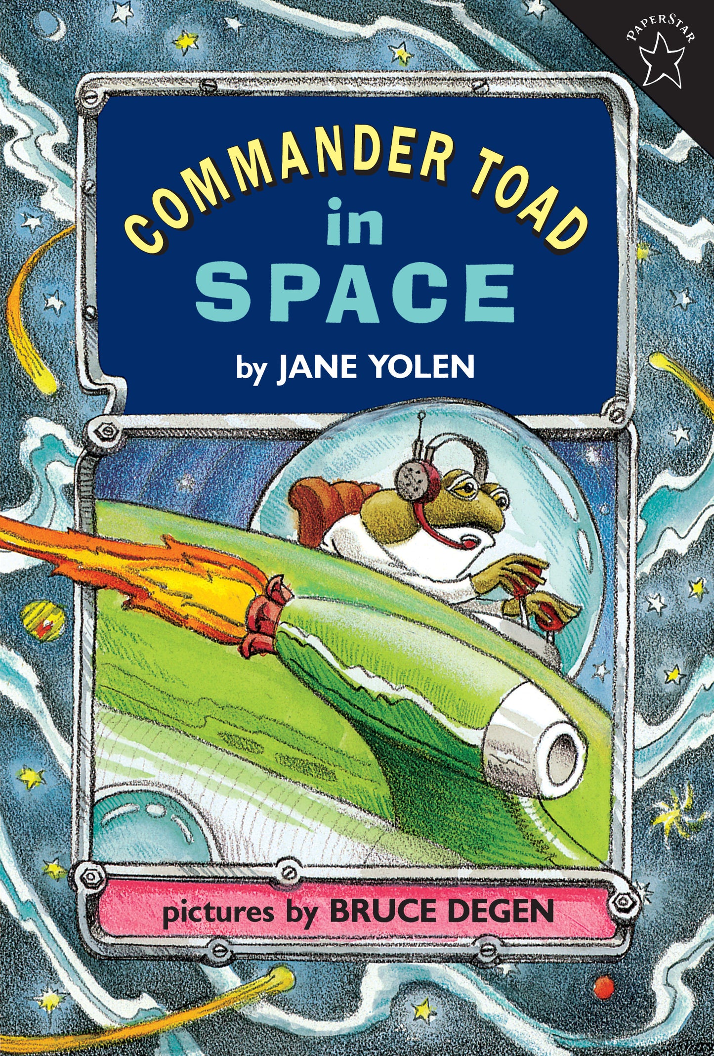 Illustrated children's book cover showing Commander Toad piloting a spaceship through space