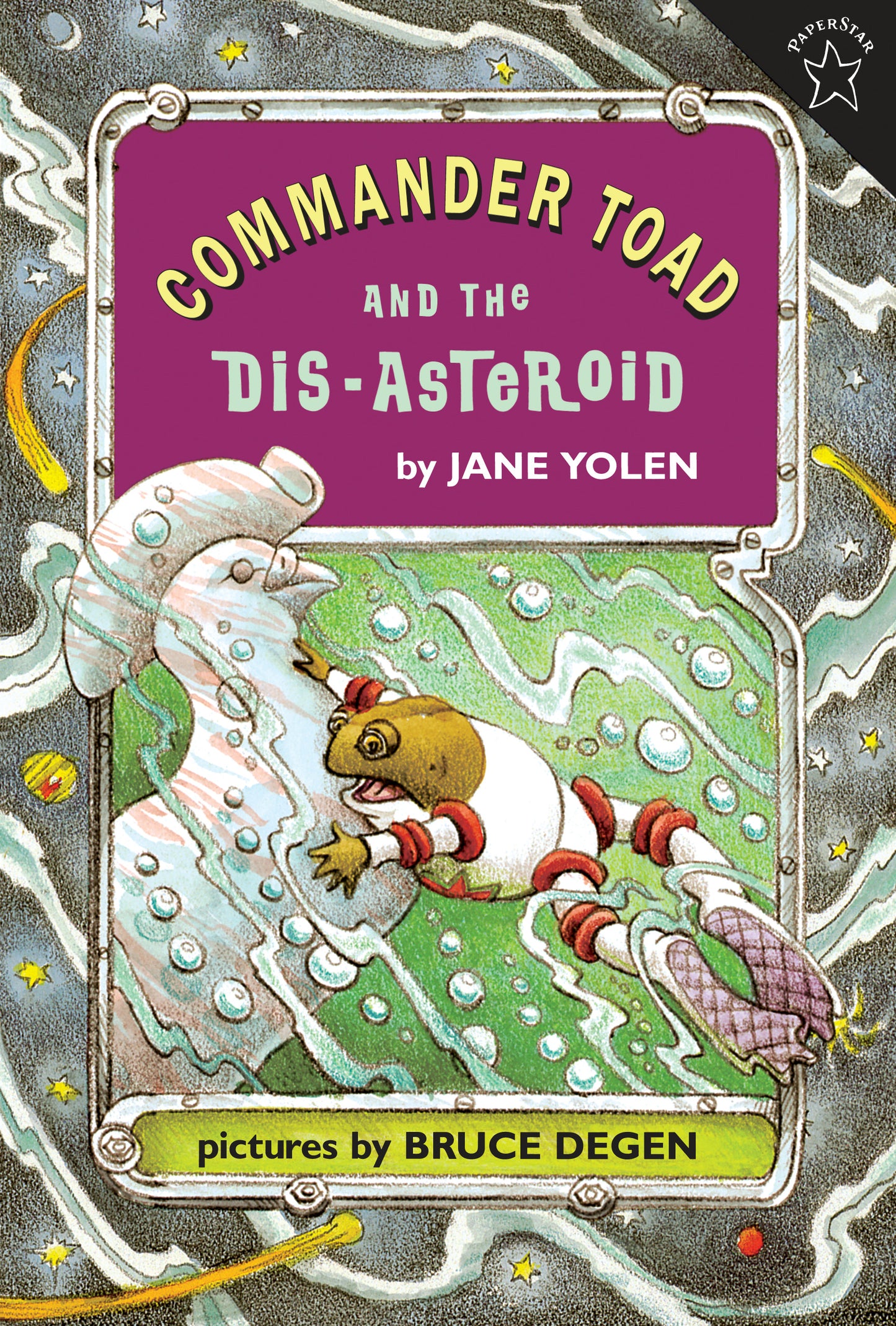 Illustrated children's book cover featuring a toad in a space suit floating in space
