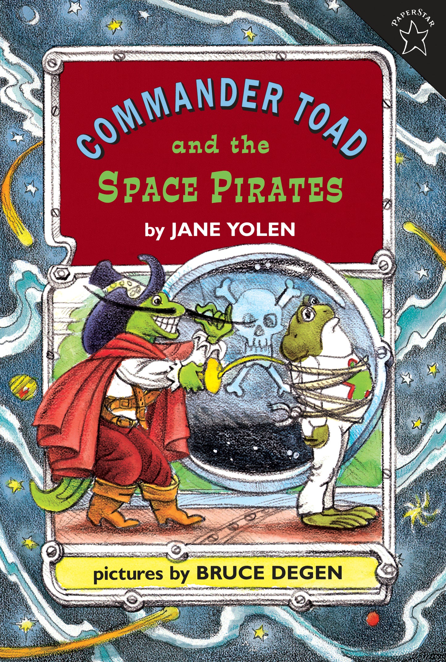 Illustrated children's book cover with a toad in pirate costume and a space-themed background
