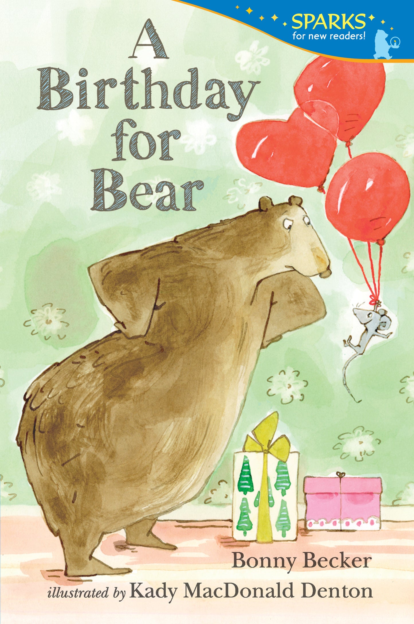 Illustrated children's book cover with a bear, presents, and red balloons.