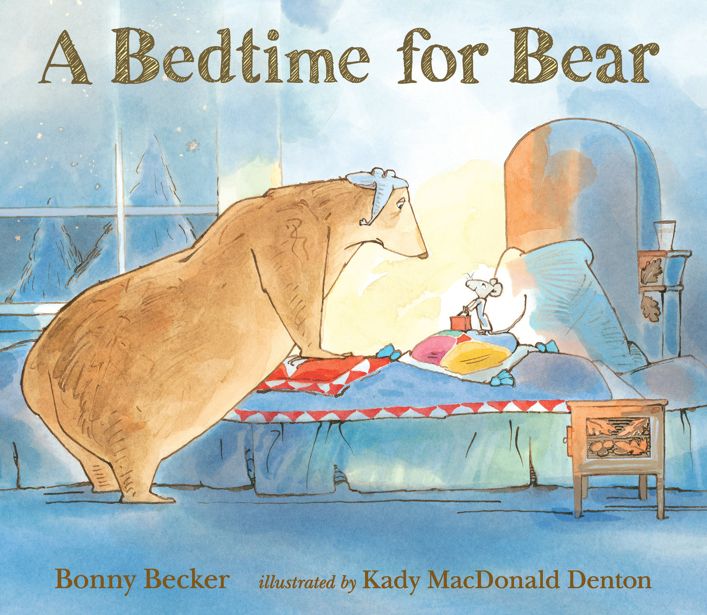 Illustrated children's book cover showing a bear in pajamas talking to a mouse at bedtime