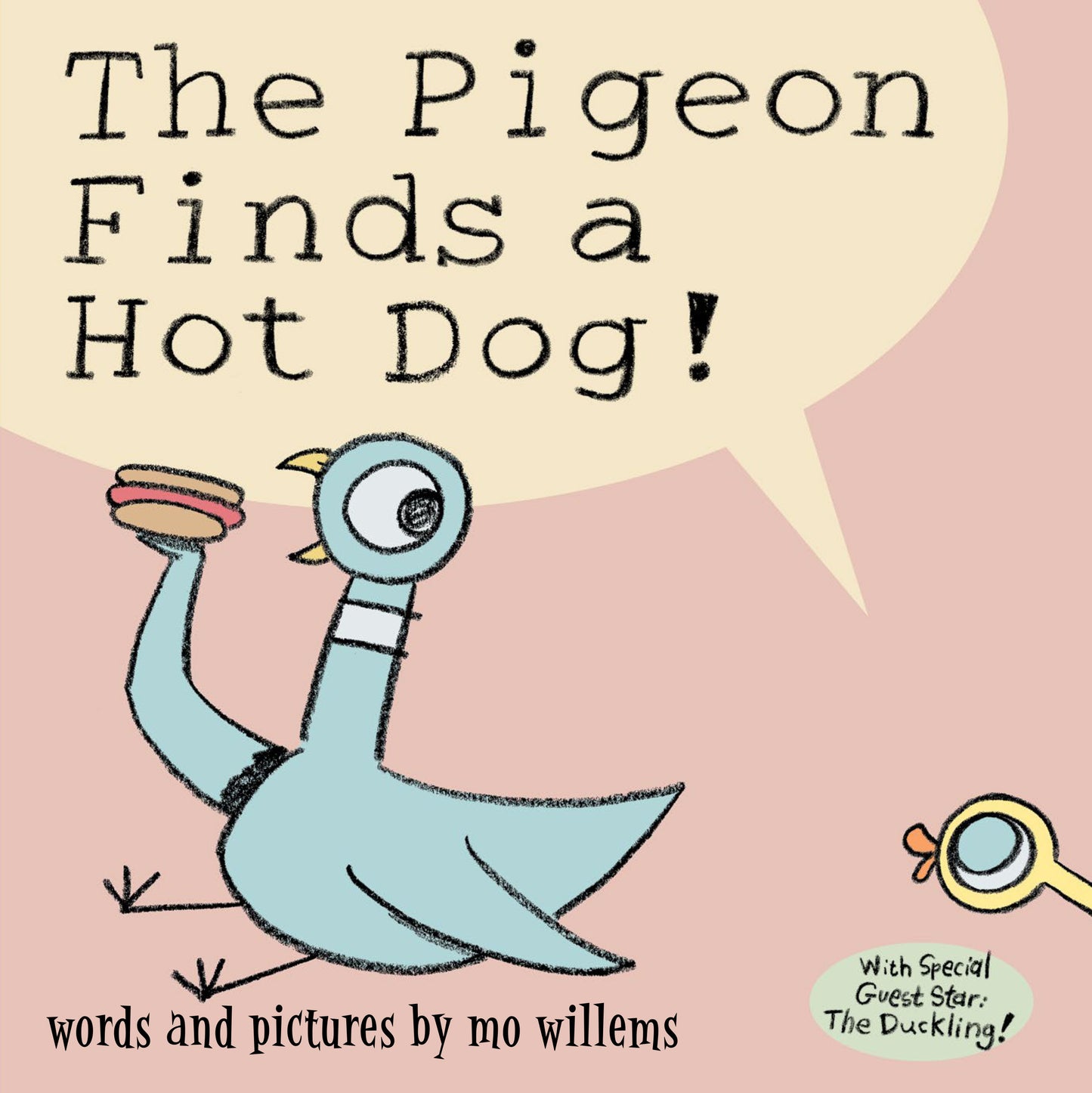 Illustrated book cover with a cartoon pigeon holding a hot dog