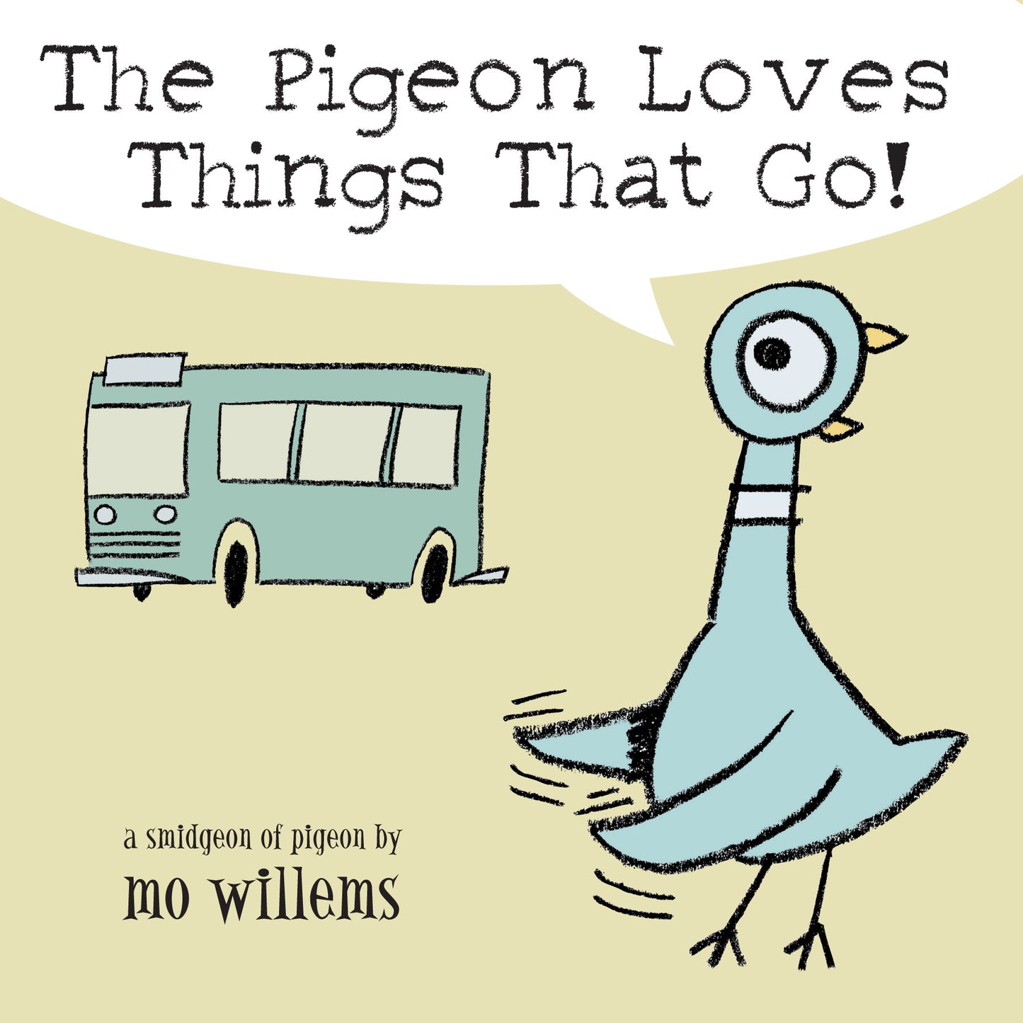 Children's board book cover showing a cartoon pigeon and a bus