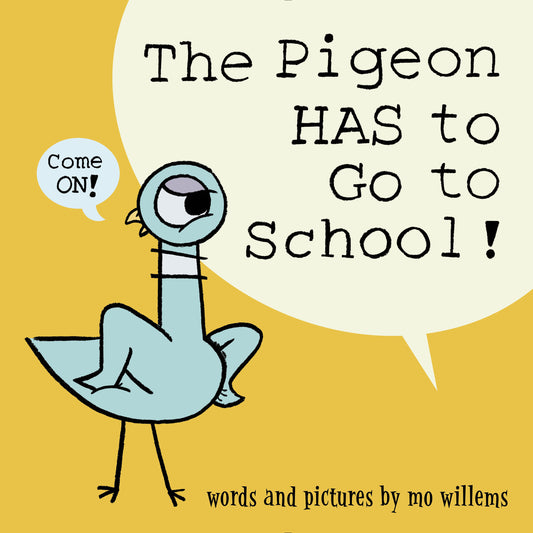 Illustrated children's book cover with a blue pigeon and bold title text