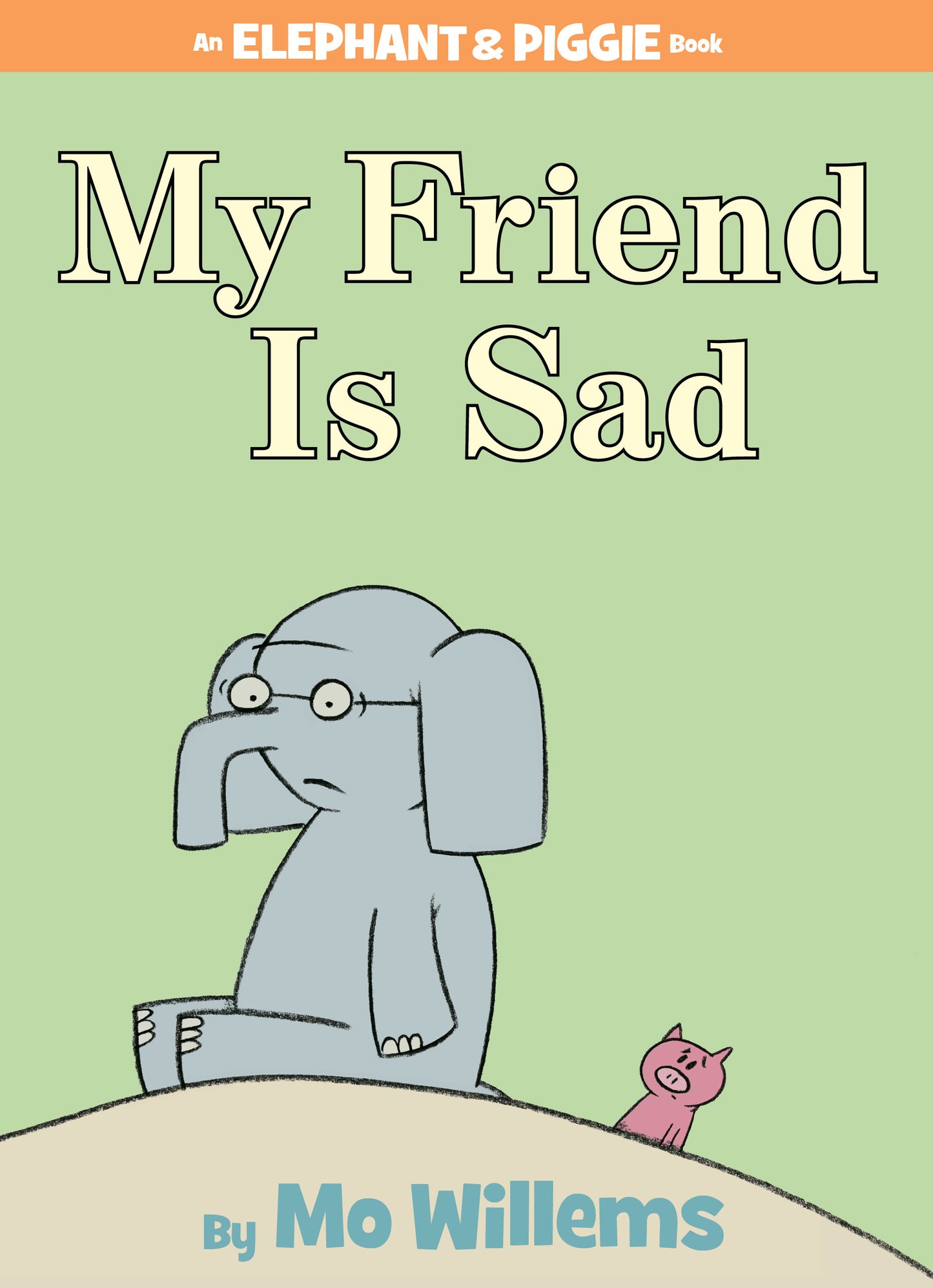 Elephant Gerald looks sad while Piggie watches from behind on a children's book cover