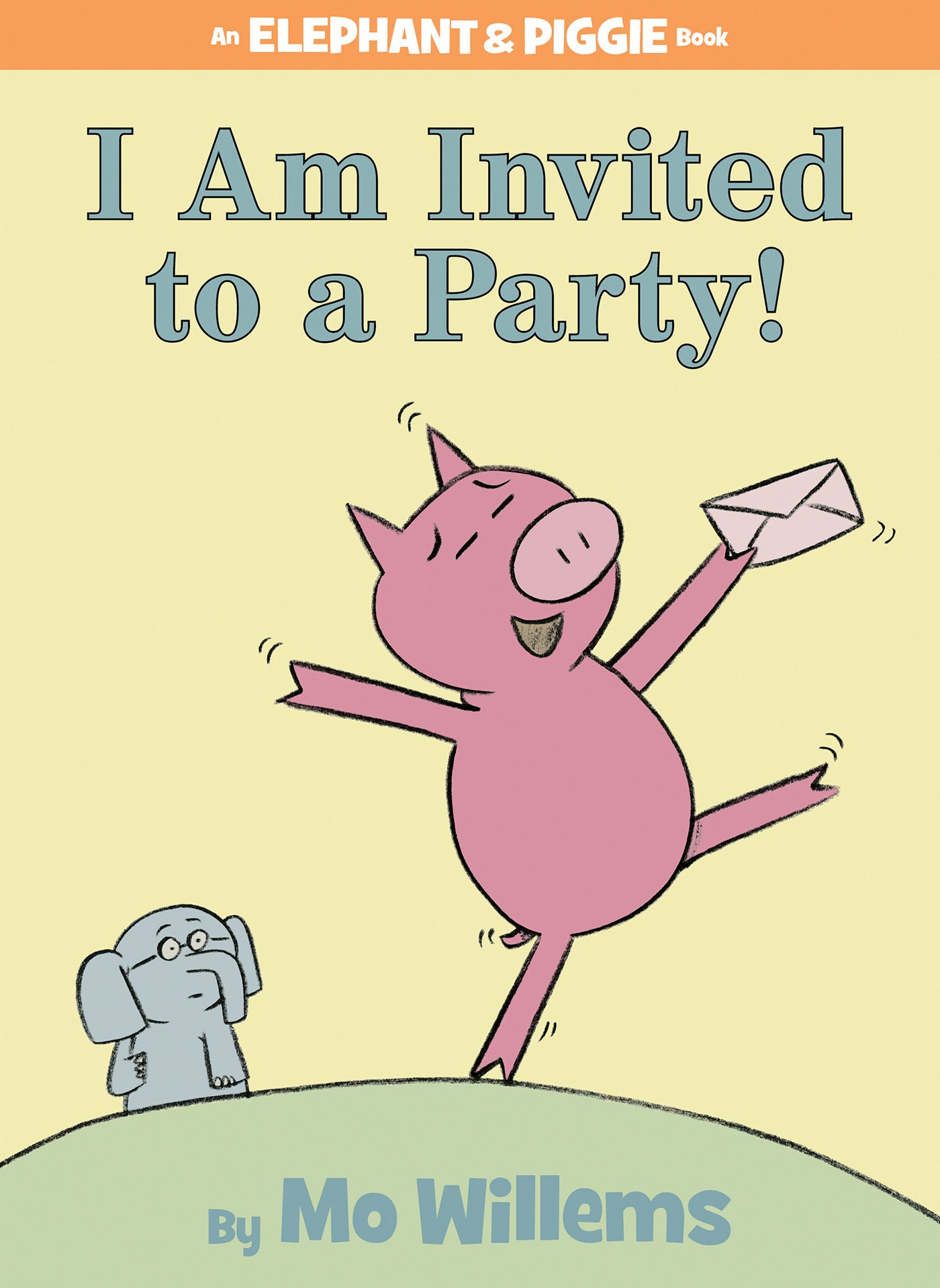 Elephant and Piggie book cover with Piggie holding an envelope joyfully