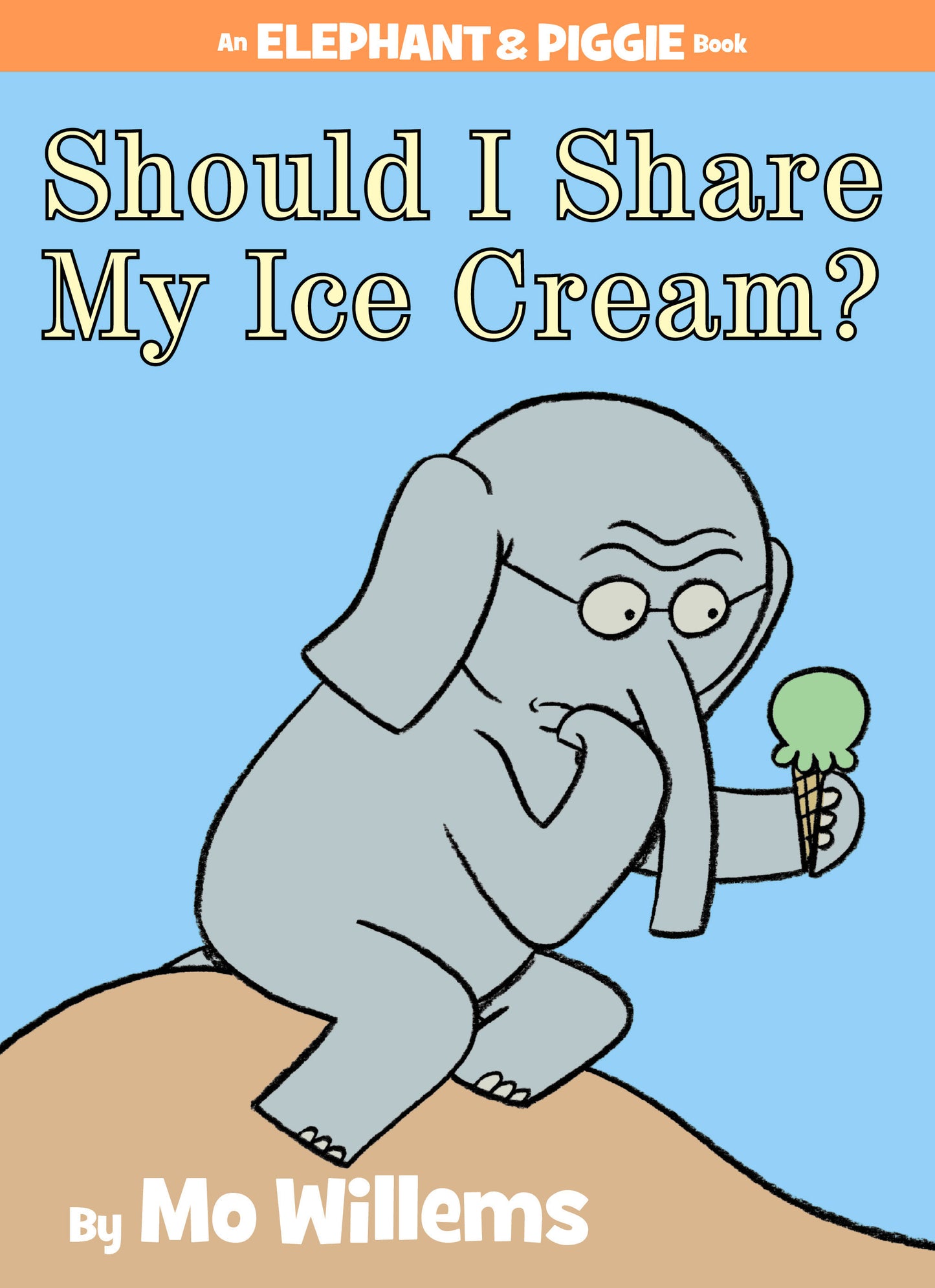 Elephant Gerald holding ice cream, looking thoughtful on book cover