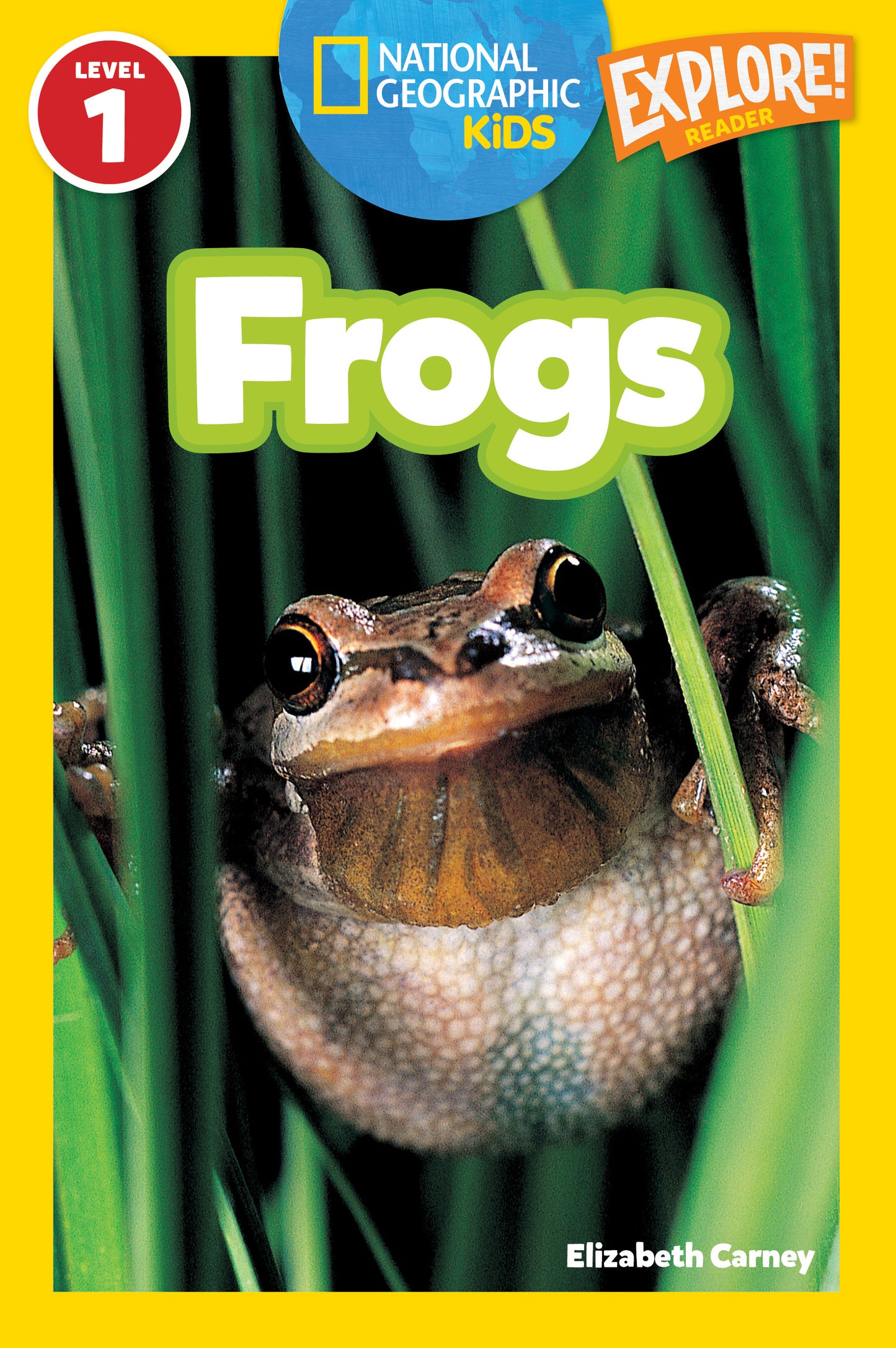 Close-up cover of National Geographic Kids Frogs Level 1 book featuring a frog in grass