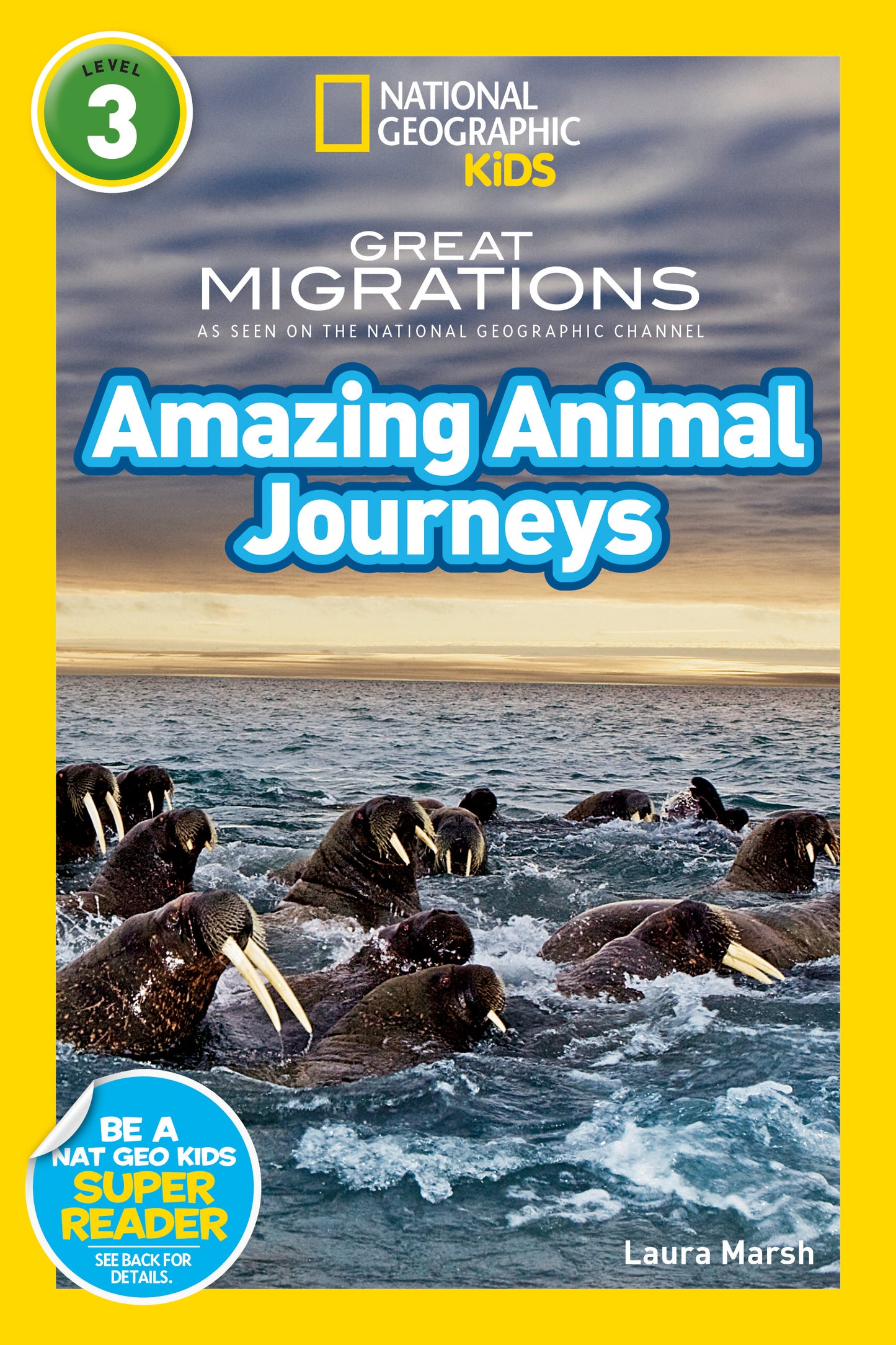 Children's book cover featuring walruses in the ocean and text 'Amazing Animal Journeys'