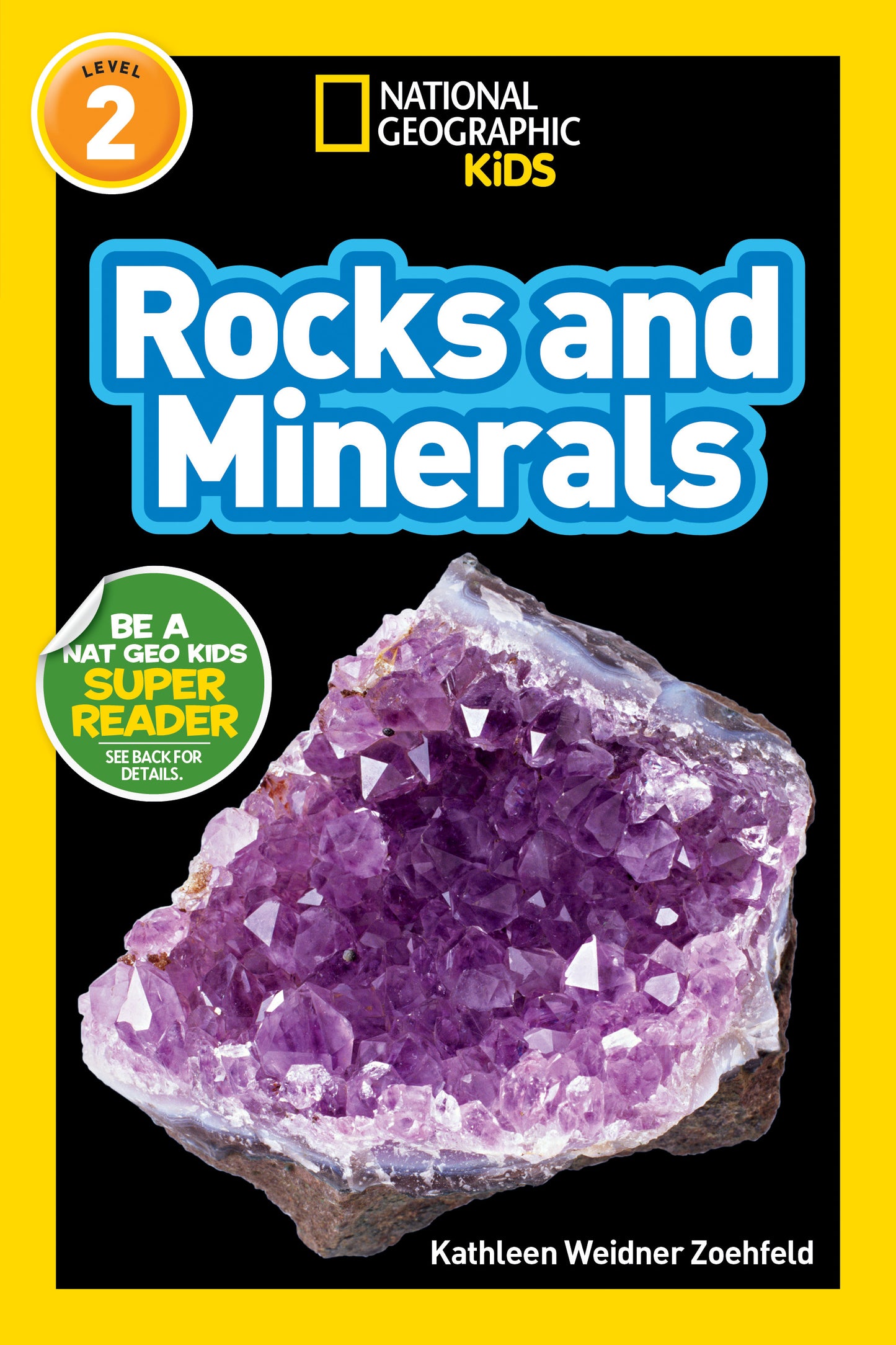 Children’s book cover featuring purple crystal rock with bold title Rocks and Minerals