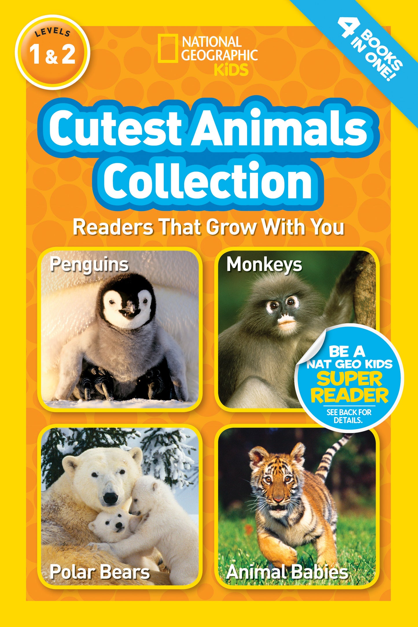 National Geographic Kids book with images of penguin, monkey, polar bears, and tiger cub