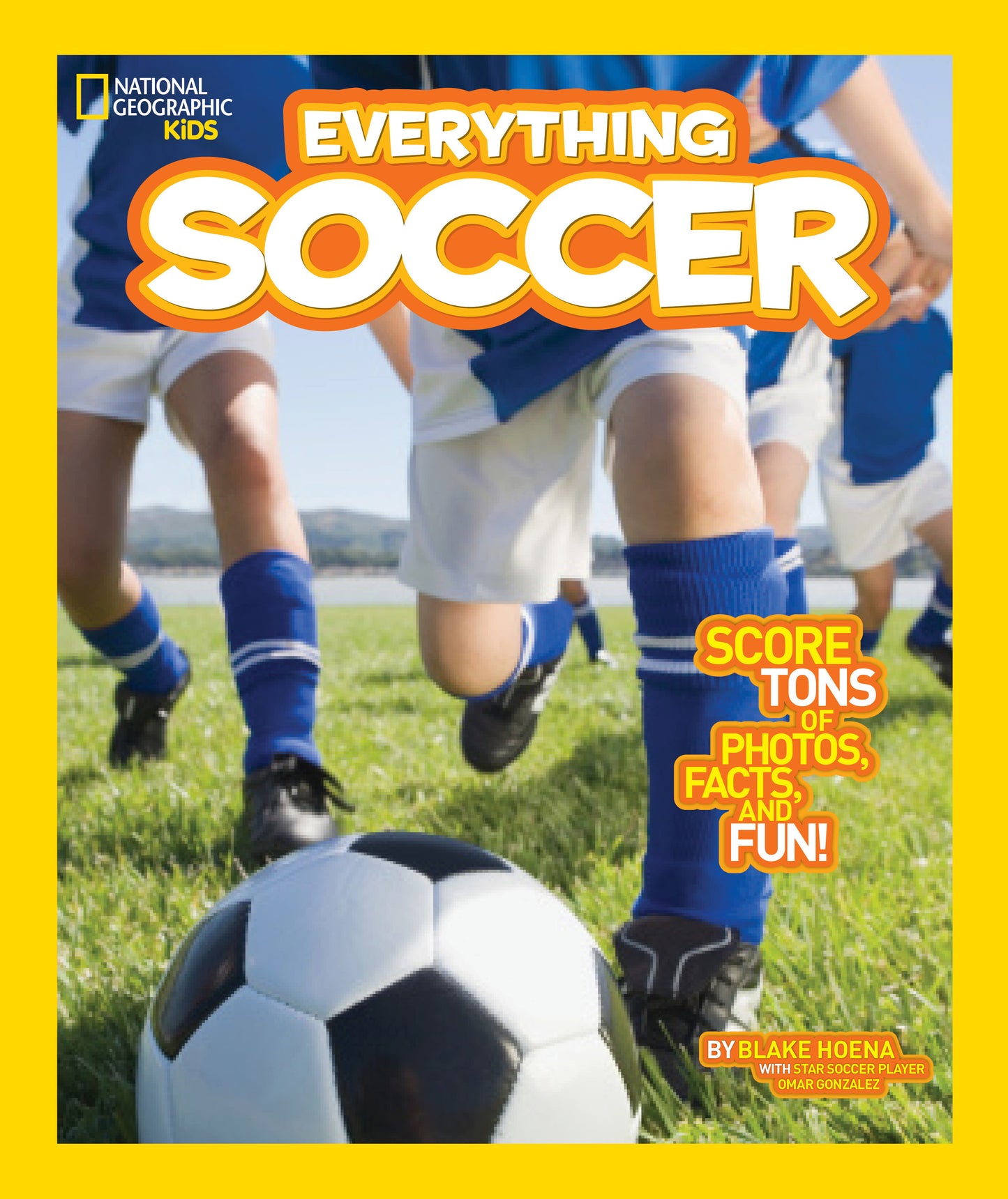 Children's soccer book cover with players on a field and a soccer ball