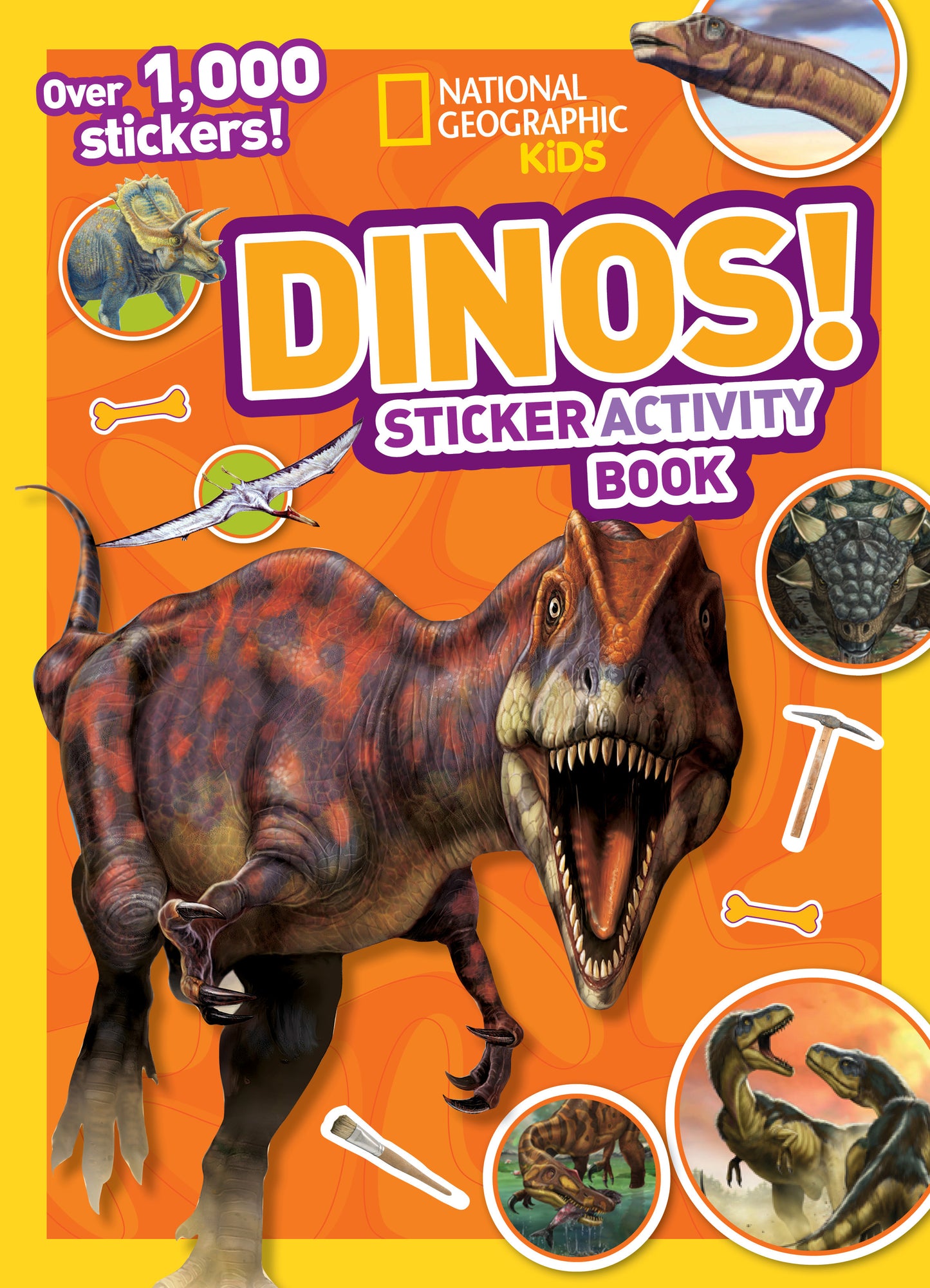 Colorful dinosaur-themed sticker activity book cover with T. rex illustration