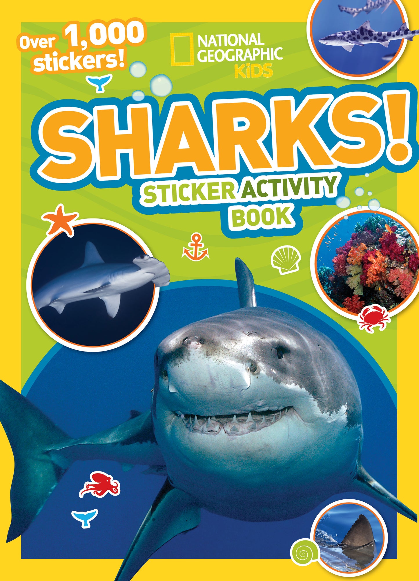 Colorful shark-themed sticker activity book for kids featuring over 1,000 stickers