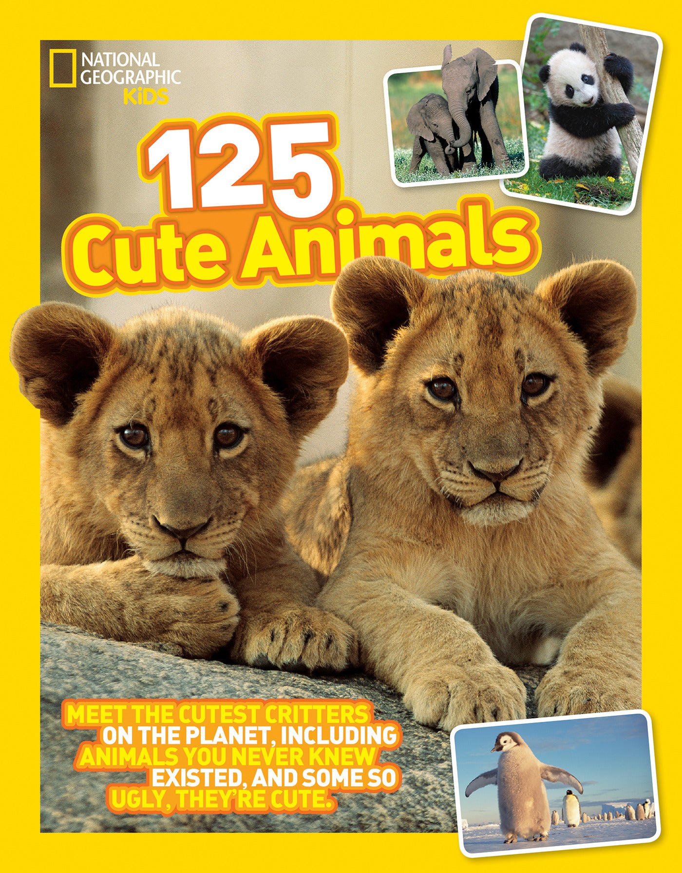 Colorful children's book cover with two lion cubs, baby panda, elephant, and penguin.