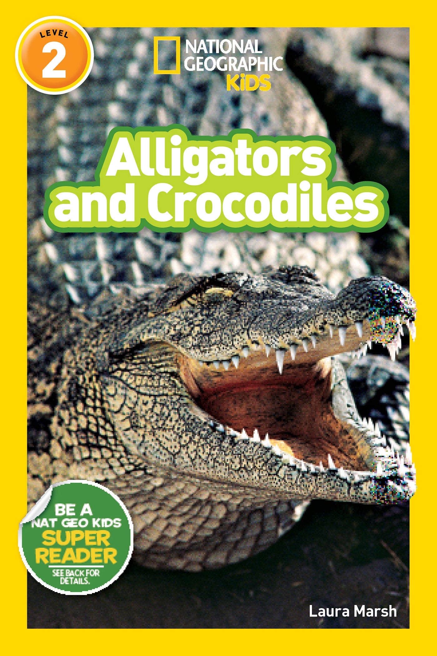 Close-up of an alligator with open mouth on a children's book cover.