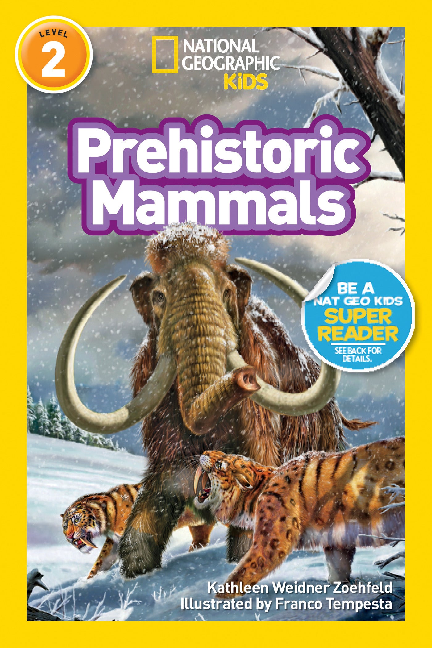 Children's book cover featuring a woolly mammoth and saber-toothed cats in a snowy landscape