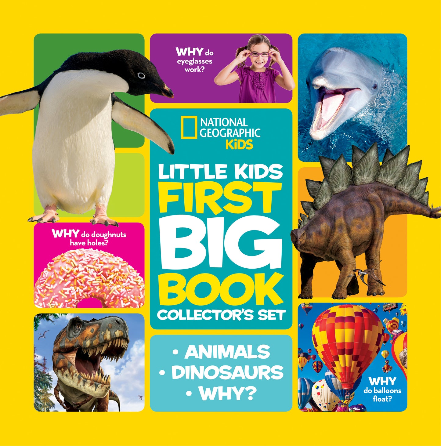 Boxed set of colorful National Geographic books for young children featuring animals, dinosaurs, and fun questions.