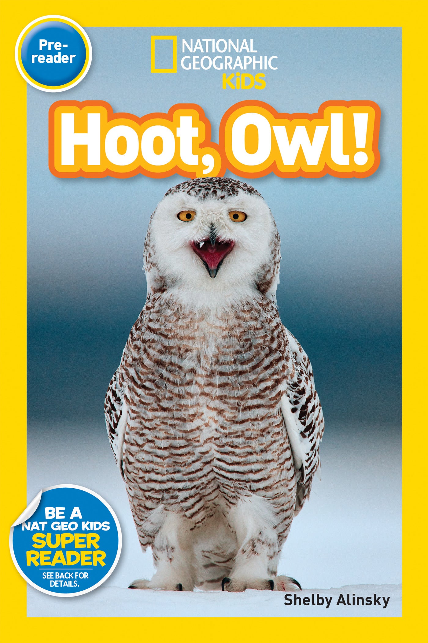 Children's pre-reader book cover featuring a snowy owl with bright yellow eyes