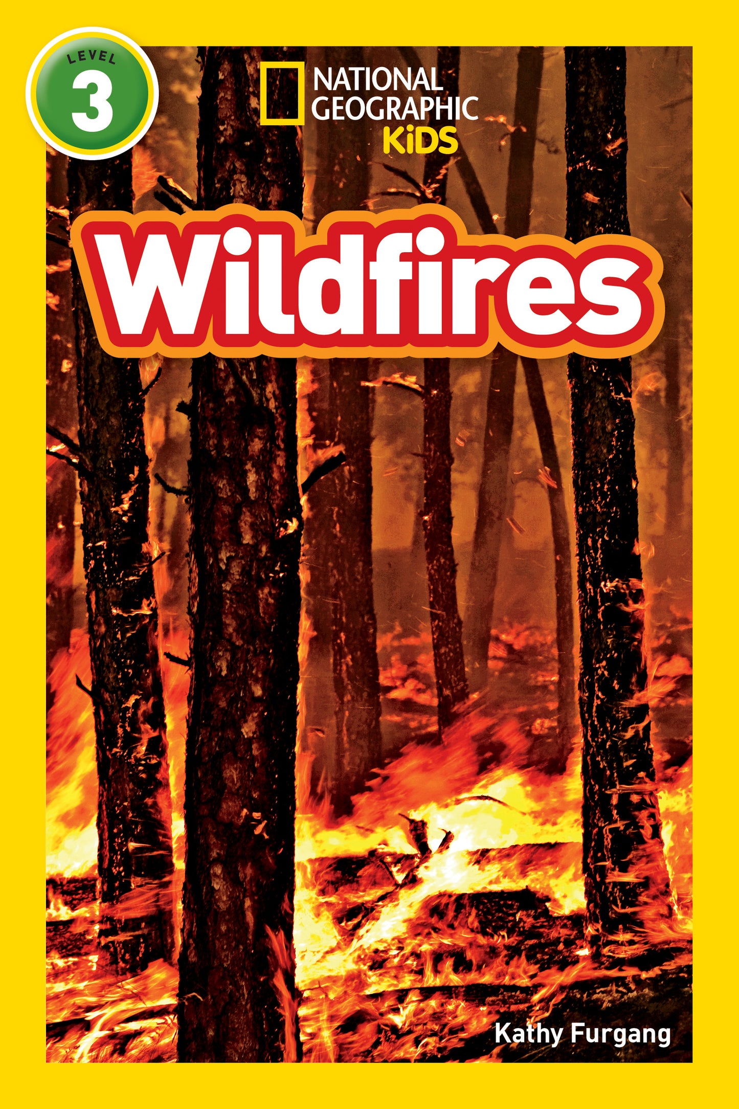 Children's book cover showing a forest wildfire with flames and smoke