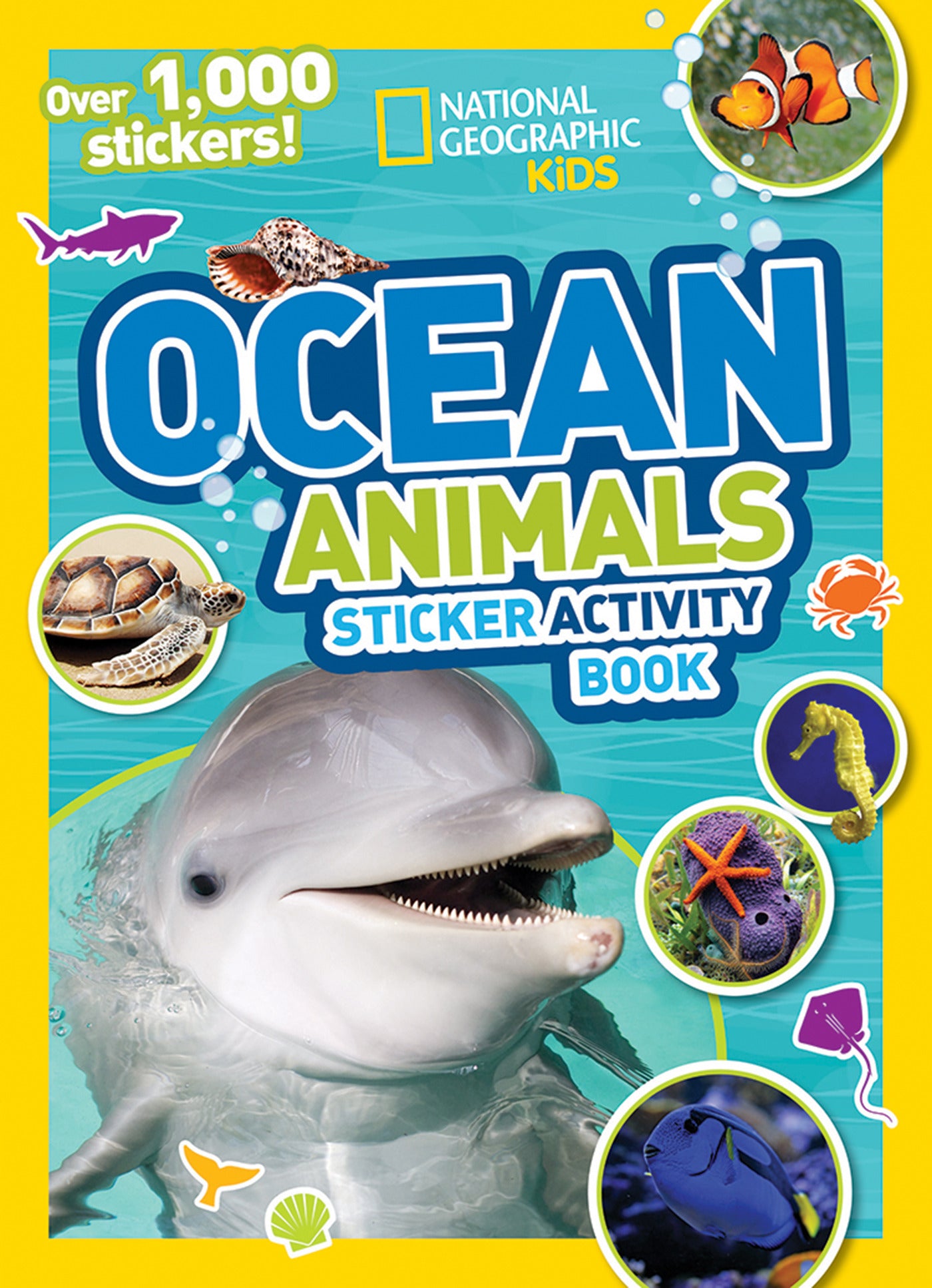 Ocean-themed sticker activity book for young children with dolphins and sea creatures on the cover