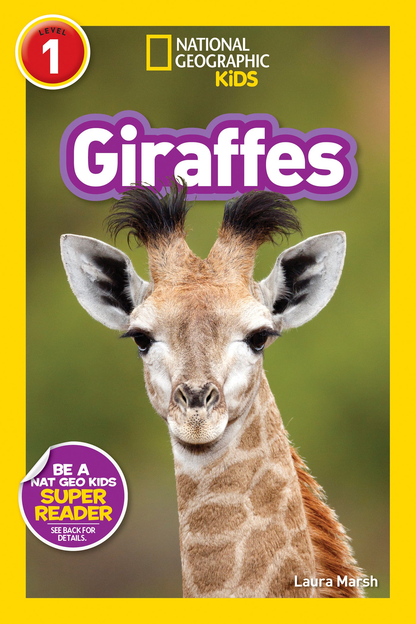 Close-up of a young giraffe on a children's book cover with a bright yellow border