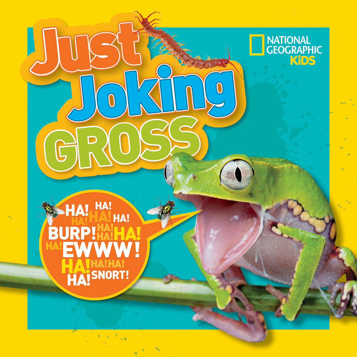 Colorful kids joke book cover with a frog and funny gross-themed text