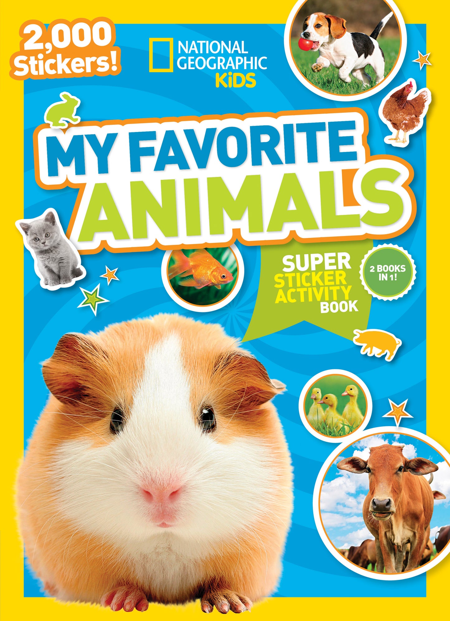 National Geographic Kids sticker activity book featuring animals like a guinea pig, dog, and ducklings.